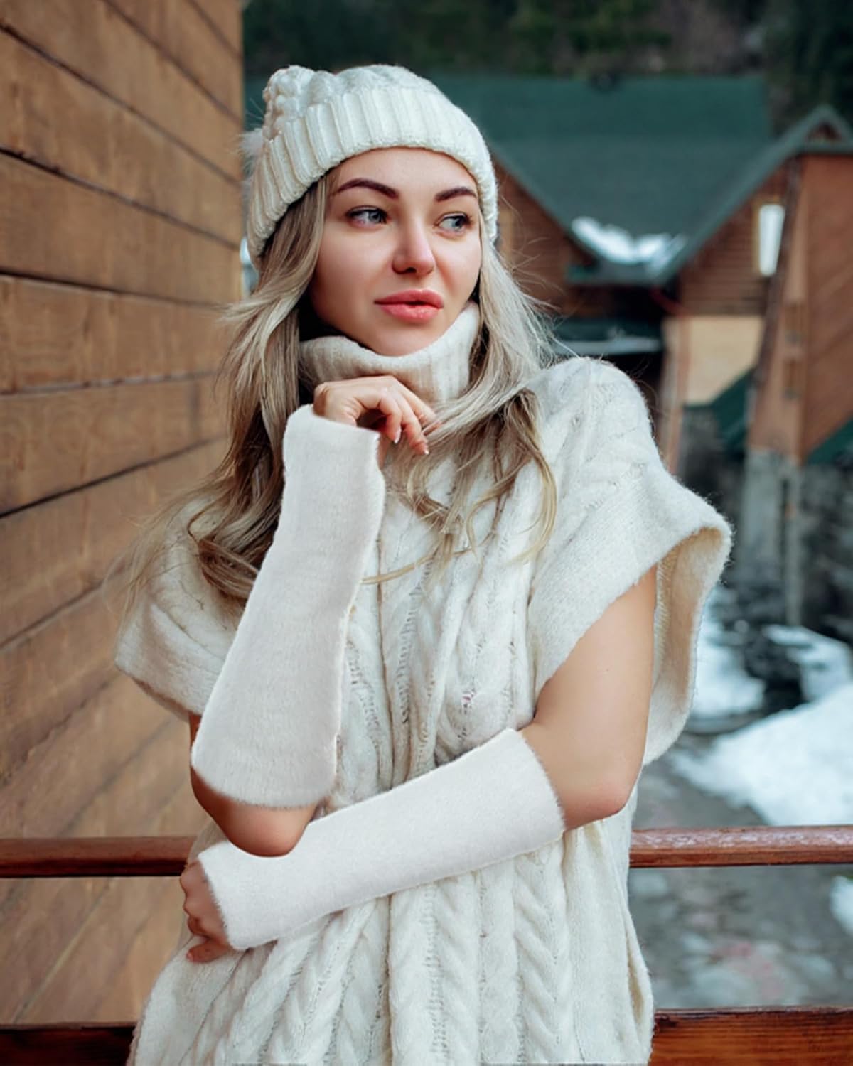 Geyoga 2 Pairs Arm Warmers for Women Long Fingerless Gloves Winter Fluffy Gloves Wrist Warmer with Thumb Hole