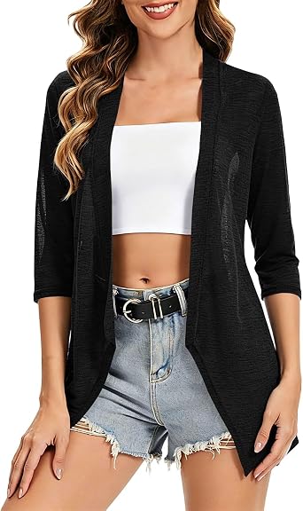 Women Cardigan 3/4 Sleeves Open Front Lightweight Cardigans Soft Draped Kimono Cover Ups Summer Casual Shirts