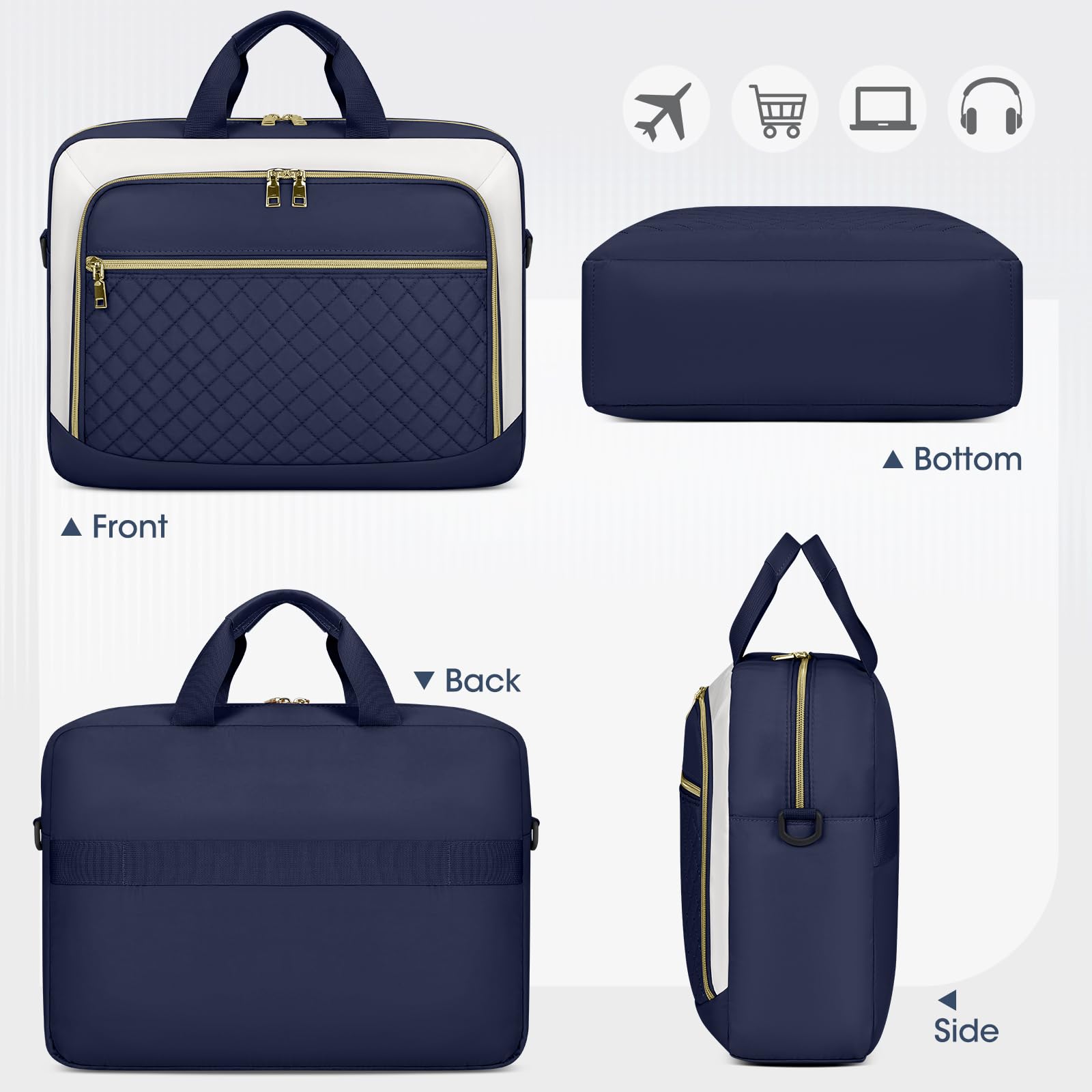 NEWHEY Borsa per computer portatile da 17,3 pollici valigetta per computer da donna grande borsa per computer | Borsa a tracolla impermeabile con tasche multiple e tracolla imbottita, per lavoro, ufficio, università, blu e beige