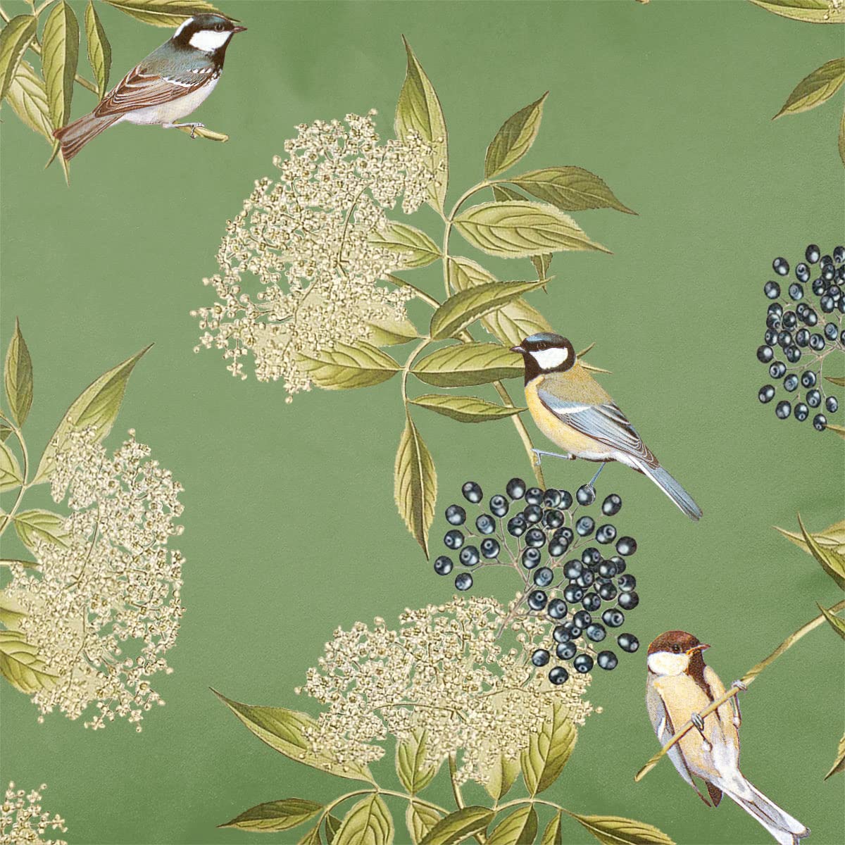 Izabela Peters Sage Luxury Upholstery Curtain Fabric - Eco-Friendly Velvet - Designer Blind, Craft, Sewing Fabric By The Metre - Bird On Elderflower - Sample
