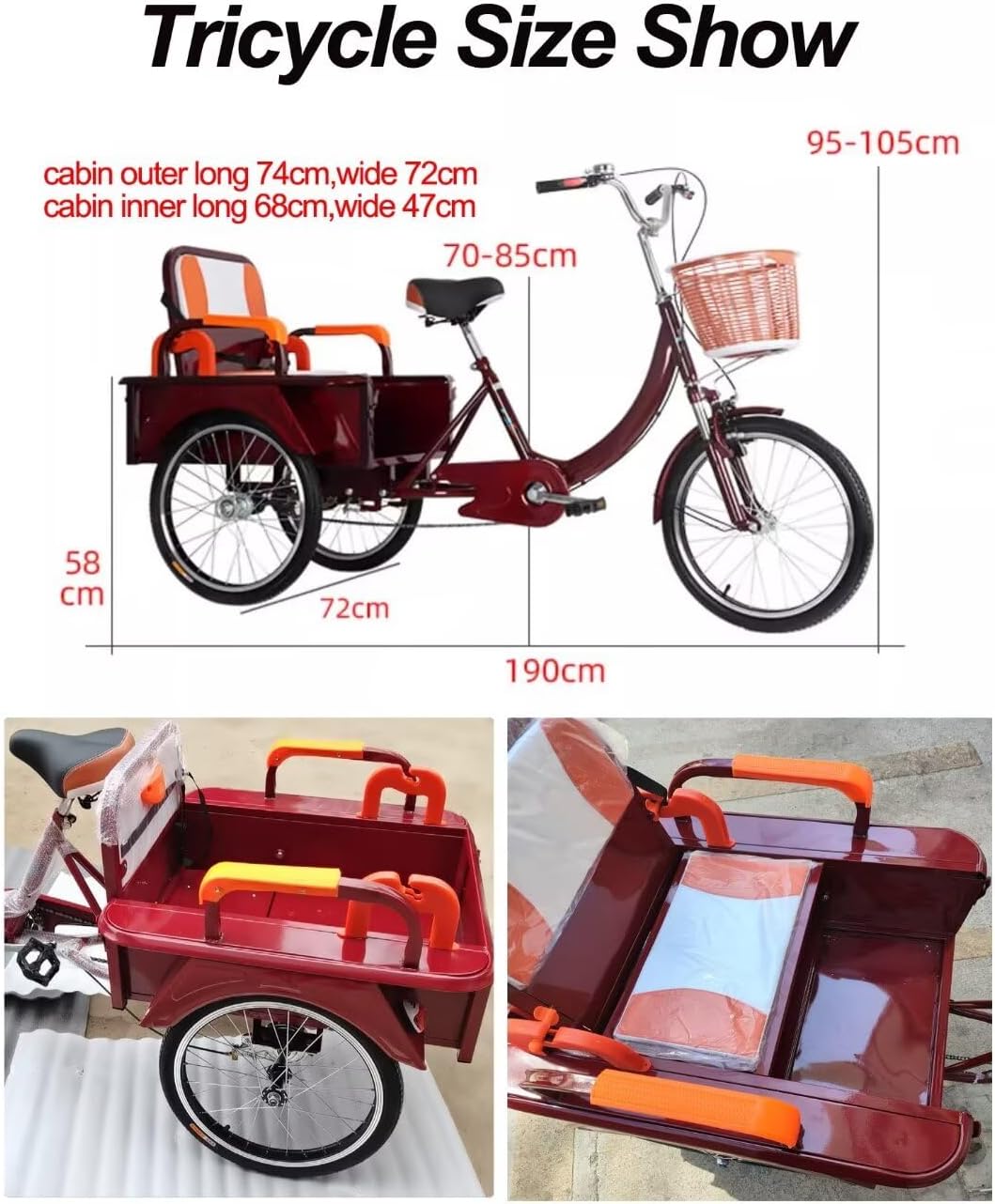 Outdoor Bikes with Rear Cabin,Elderly Scooter Tricycle with Rear Passenger seat,Leisure Shopping cart Rickshaw Pedal Bicycle for Adult (Wine red)