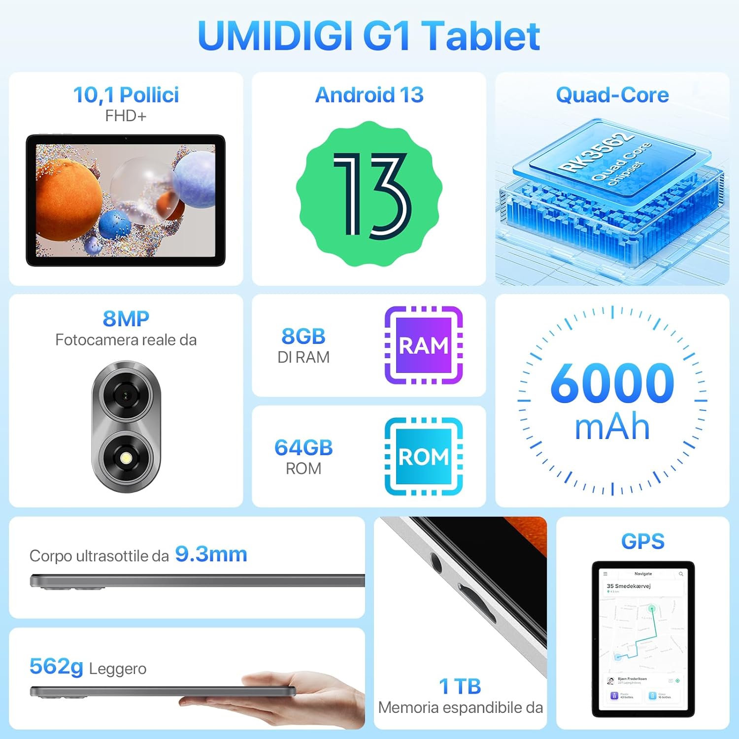 UMIDIGI G1 Tab Tablet 10,1 Pollici, Tablet Android 13, 8GB RAM(4GB+4GB), 64GB ROM(TF 1TB), Tablet PC Quad Core RK3562 con Batteria da 6000 mAh, Fotocamera da 8MP+8MP, BT5.0, WiFi 6, Grigio UMIDIGI G1 Tab Tablet 10,1 Pollici, Tablet Android 13, 8GB RAM(4GB+4GB), 64GB ROM(TF 1TB), Tablet PC Quad Core RK3562 con Batteria da 6000 mAh, Fotocamera da 8MP+8MP, BT5.0, WiFi 6, Grigio