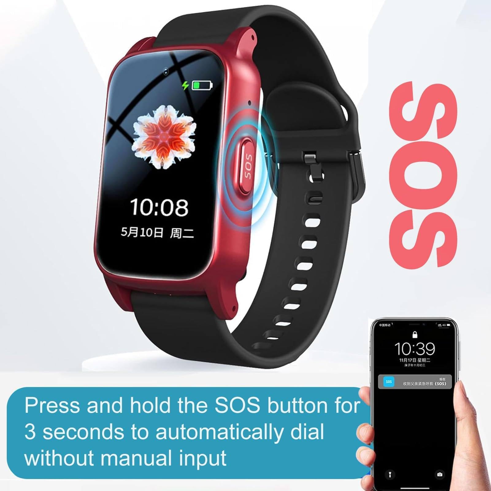 Notruf Uhr für Senioren, Notfalluhr mit Sturzsensor und GPS Tracker, HD Videoanruf Gesundheitsüberwachung, 1,47-Zoll-HD-Bildschirm IP67 Wasserfest für Alzheimer Black