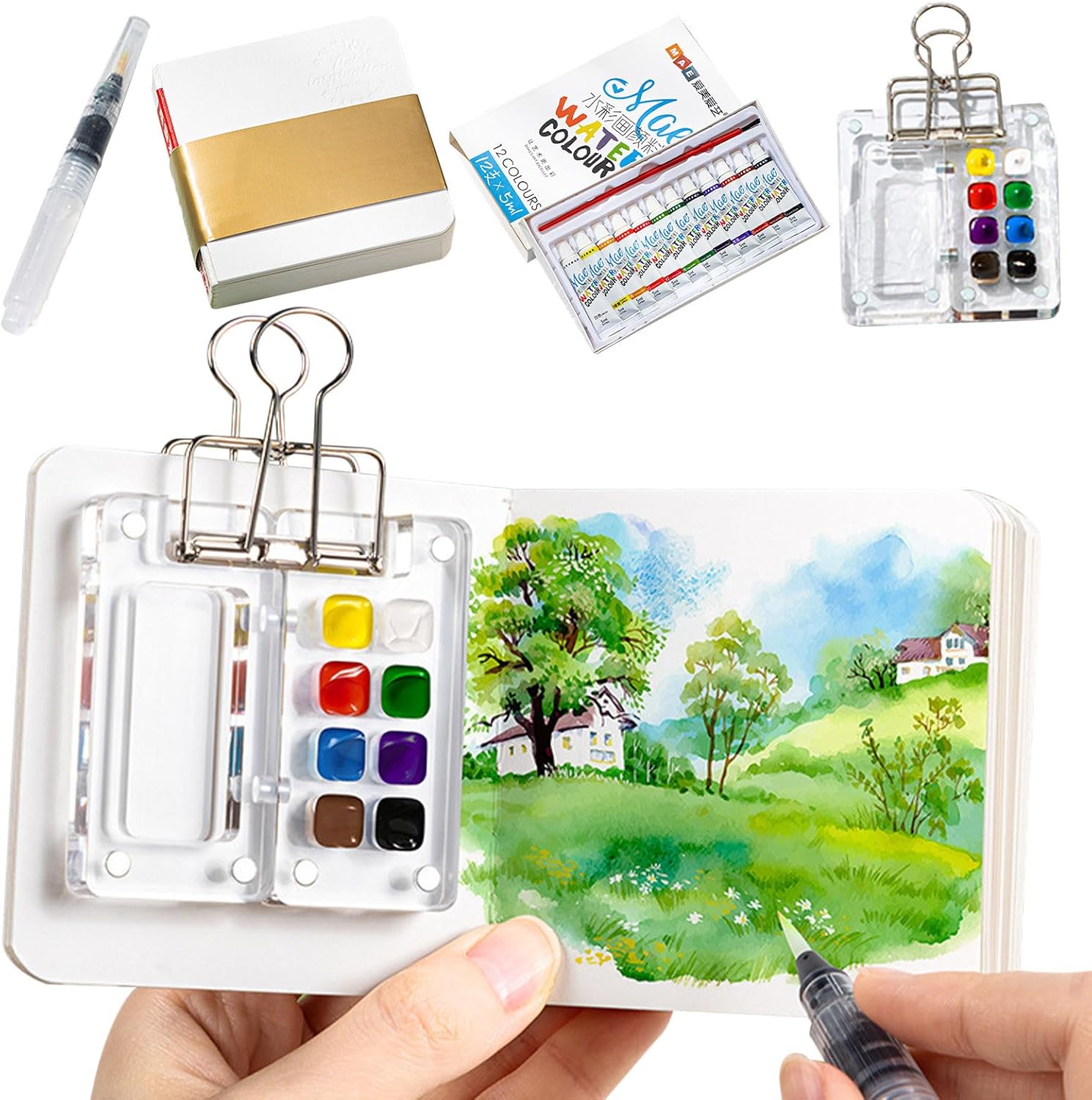 Mini Set De Acuarelas Portátil - Paleta De Viaje Con 12 Colores, Pincel Y Cuaderno De Bocetos (8 Rejillas)