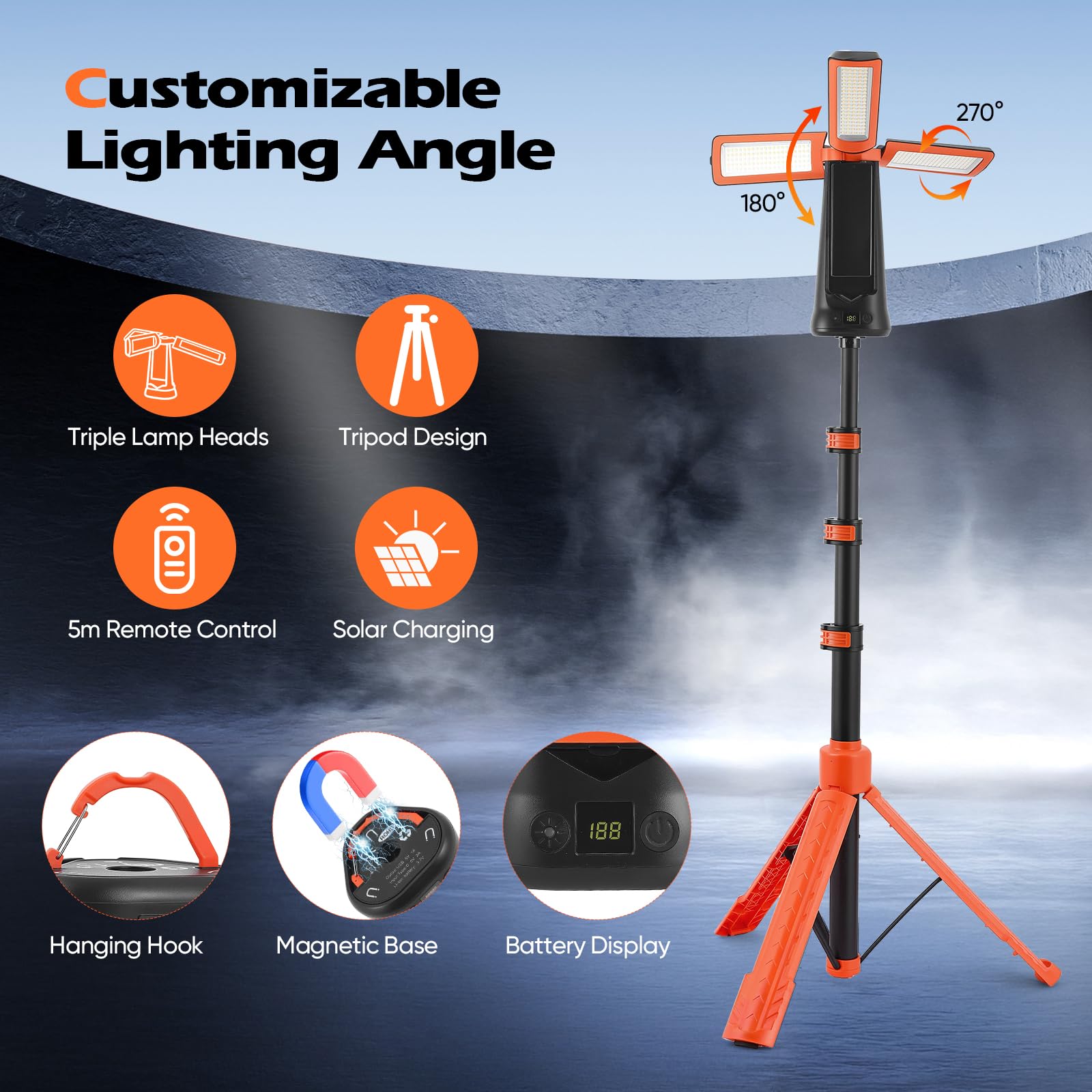 Lampada da campeggio LED ricaricabile con supporto, pannelli girevoli a 180° + telecomando, faretto LED ricaricabile per campeggio, lavoro, illuminazione di emergenza e attività all'aperto