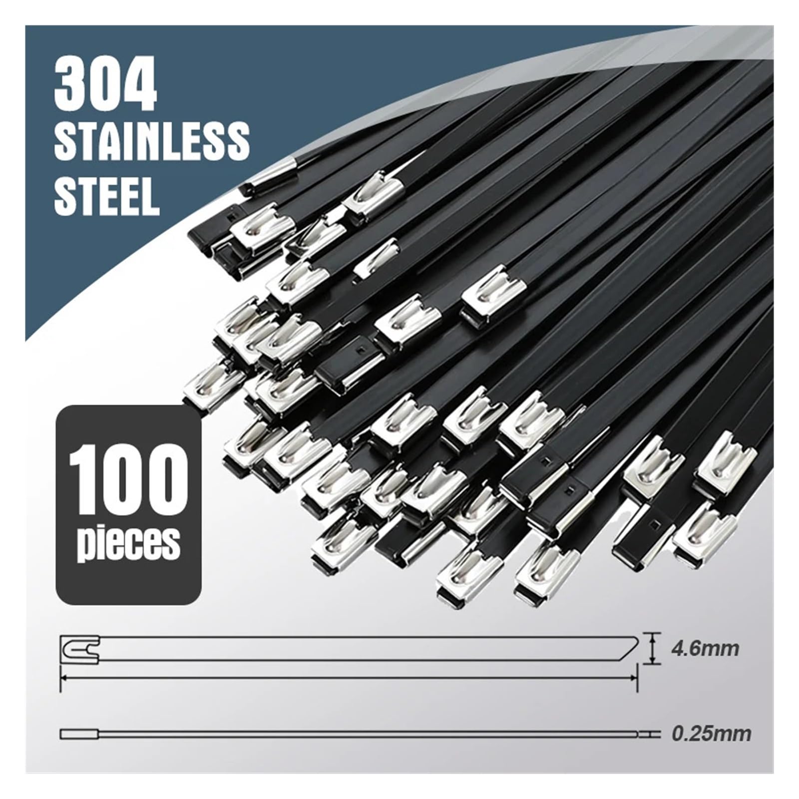 Fascette ferma-cavo metalliche in acciaio inossidabile nero da 4,6 mm, fascette ferma-cavi in ​​metallo per carichi pesanti da 100 pezzi per rilegatura del tubo di scarico(4.6x1400mm)
