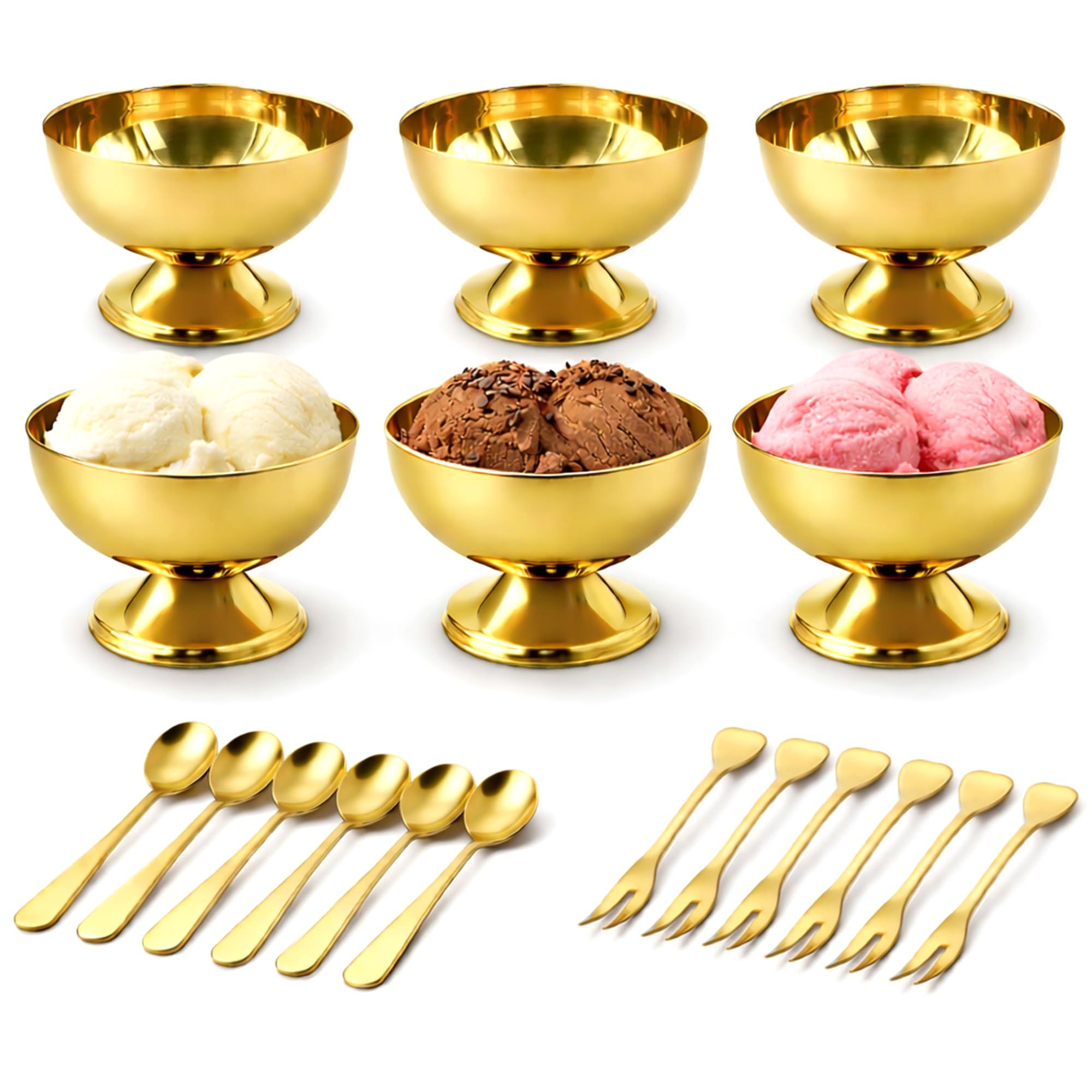 6 Pieces Ice Cream Bowls, Stainless Steel Footed Gold Snack Bowls