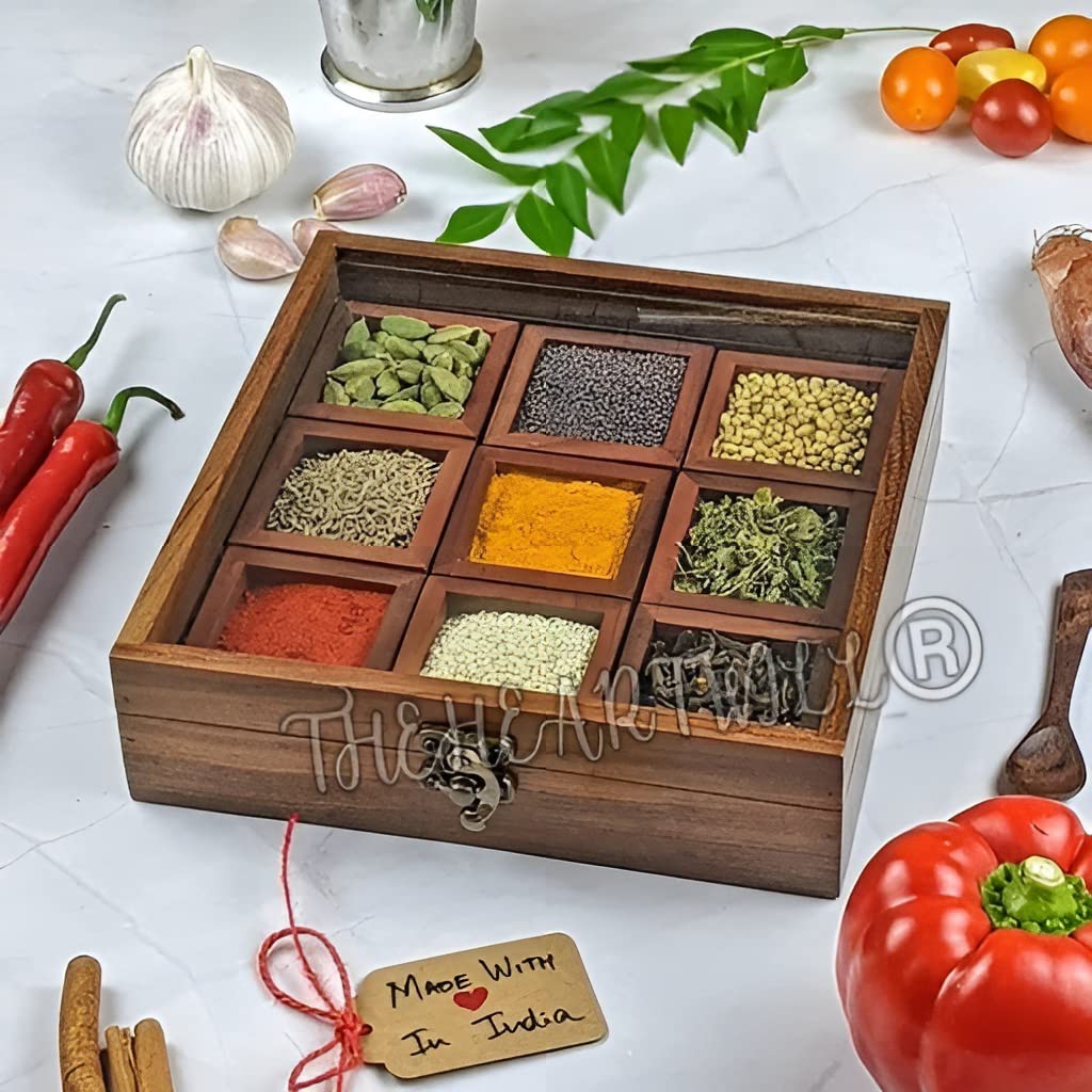 THEHEARTWILL Sheesham Wooden Spice Box, Masala Box, Masala Dabba, Masaladani, Namakdani, With 2 Spoons, Natural,Brown