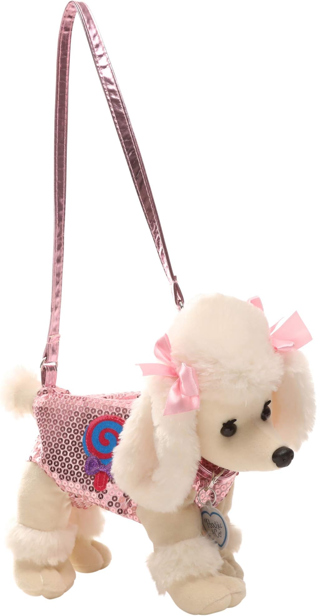Poochie Poochie and Co. Girls Plush Handbag- Beige Poodle with Pink Sequins and Lollipop Applique