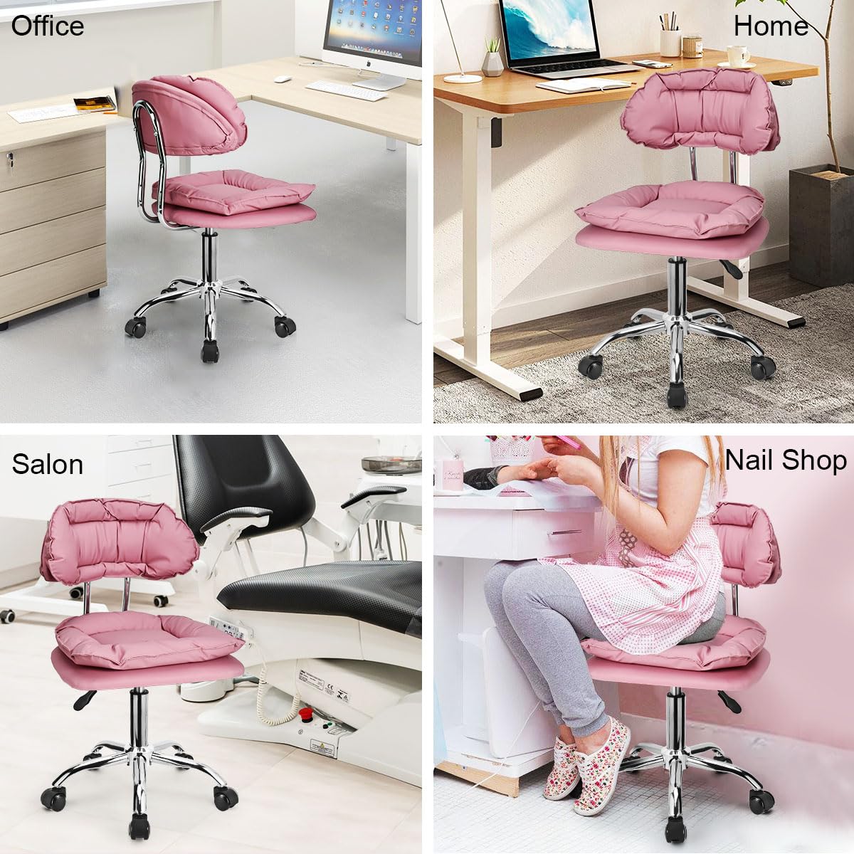 With Jostzaxin rolling stool backrest, home office rolling stool chair, thick seat cushion, nail shop salon spa massage tattoo, adjustable height for pink, pink chair, pink With Jostzaxin rolling stool backrest, home office rolling stool chair, thick seat cushion, nail shop salon spa massage tattoo, adjustable height for pink, pink chair, pink