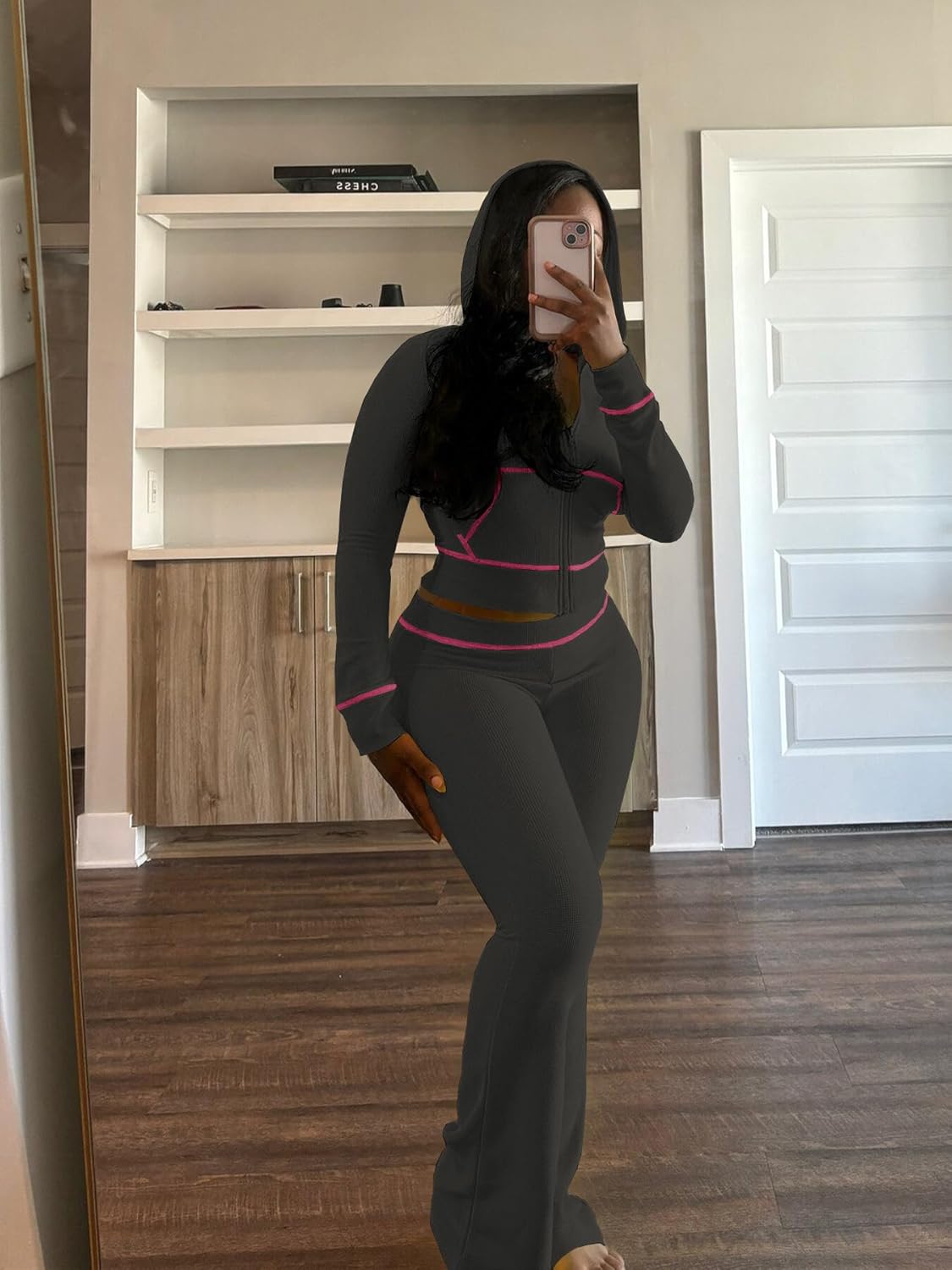 Mrskoala Womens Outfit 2 Piece Lounge Hoodie Flare Pant Sets Tracksuit Darkgrey L - Image 4