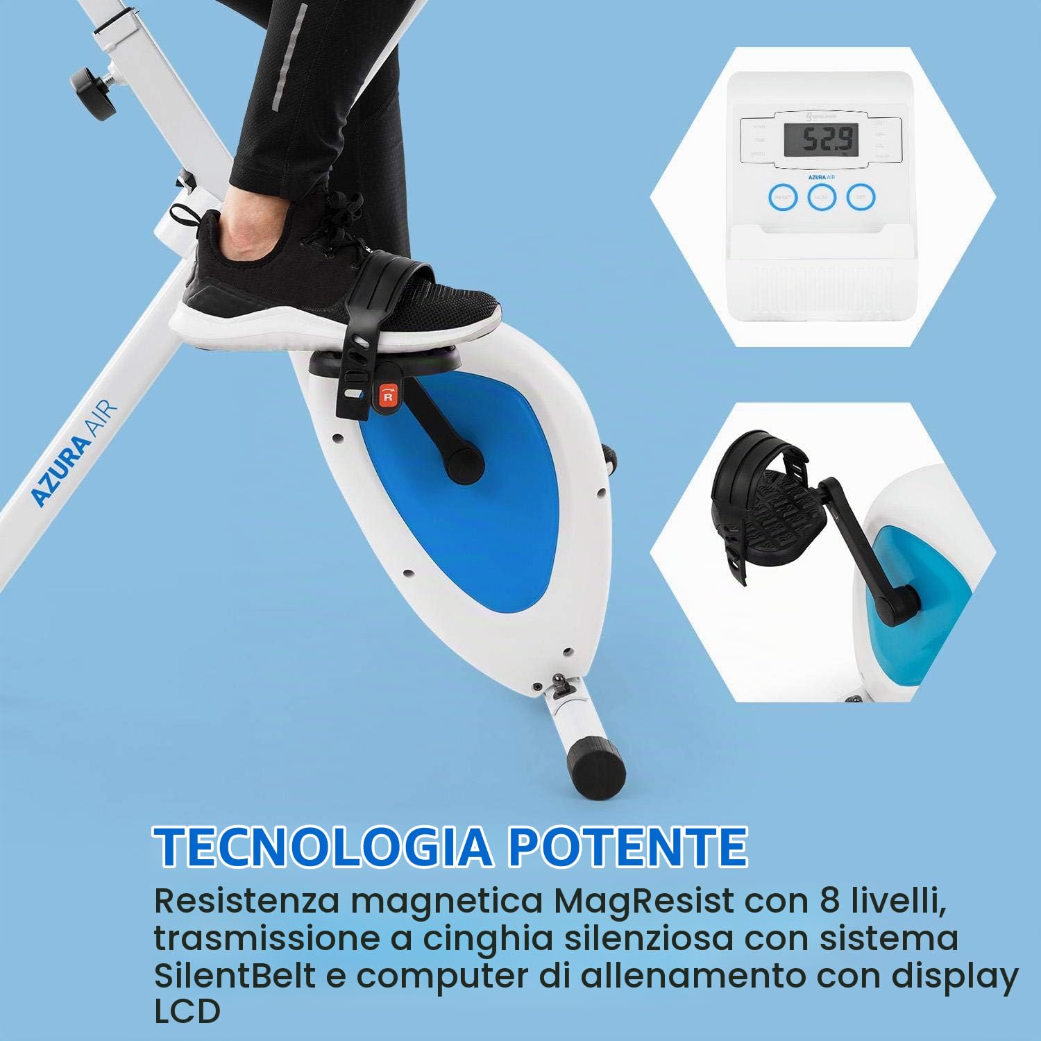 CAPITAL SPORTS Azura Air - Cyclette da Camera, Bici Cardio, Ergometro, Pieghevole, Fitness Bike, Computer Allenamento, Cardiofrequenzimetro, Sella Ergonomica, Resistenza a 8 Livelli