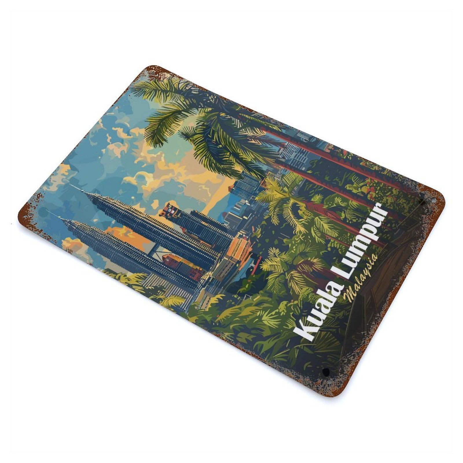 Garage Style Kuala Lumpur, Malaysia Cityscape Art Rusty Metal Tin Sign 11.8"x7.9", Industrial Home Decor for Bar And Workshop