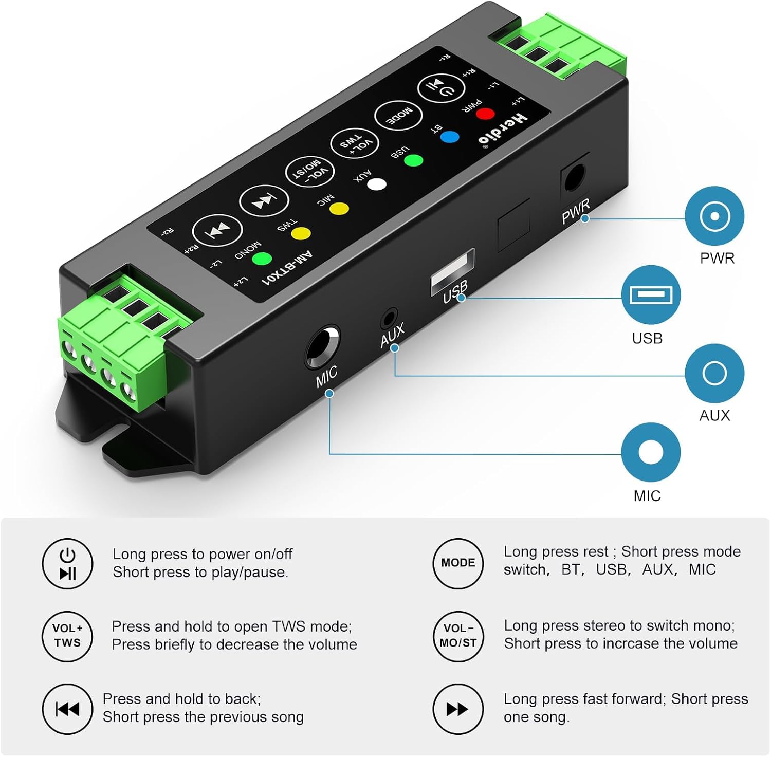 Herdio Amplificatore a 4 canali Bluetooth 5.0 Amp Ricevitore 200 W di potenza di uscita con alimentatore di rete 24 V5 A, montaggio a parete, USB/MIC/AUX/TWS, per casa, garage, soffitto, altoparlante