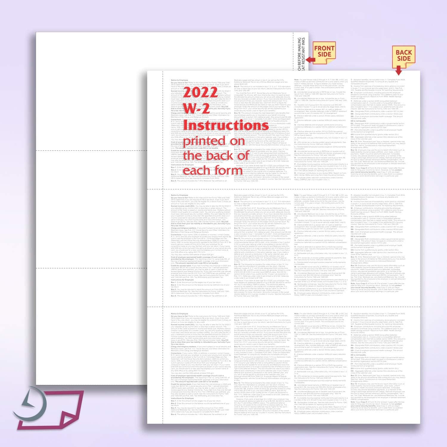 2022 3-Up W-2 Tax Forms (100 Sheets & Envelopes) for Laser or Inkjet, 24 lb. Paper, Instructions Printed on The Back, Compatible with QuickBooks and Accounting Software : Office Products