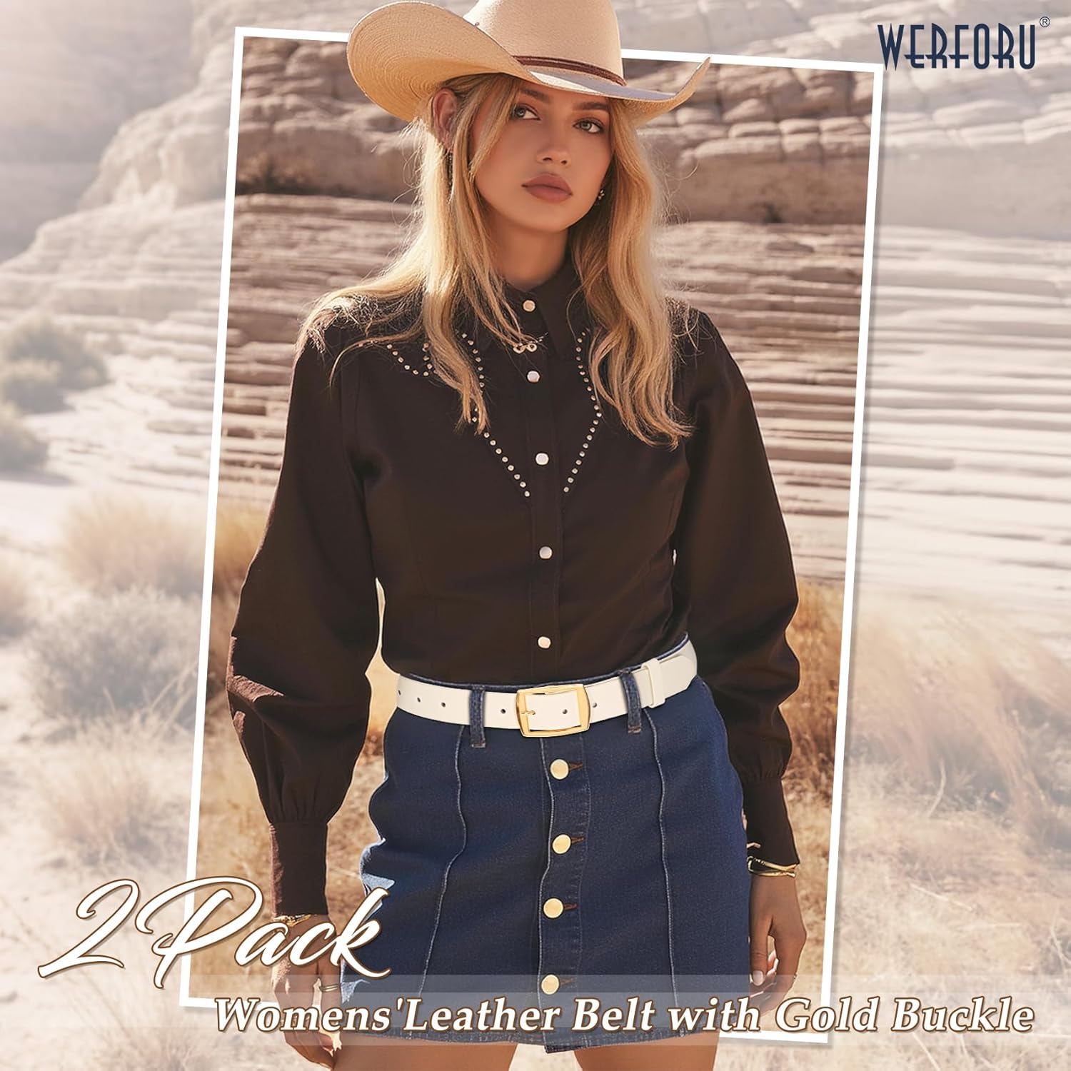 WERFORU 2 Pack Women Leather Belts for Jeans Pants Fashion Leather Belts for Women Waistband with Gold Pin Buckle - Image 3