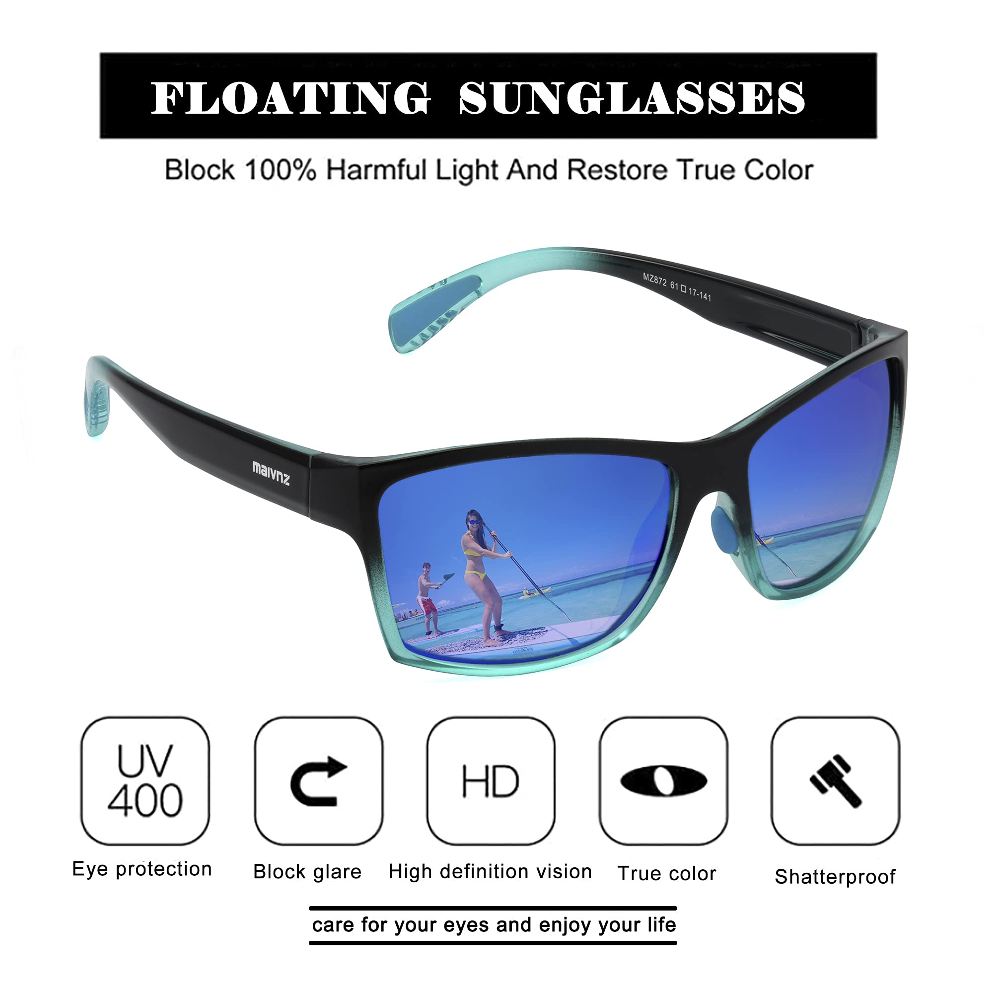 maivnz Occhiali da sole galleggianti polarizzati da pesca per uomo e donna, inaffondabili, UV400, occhiali sportivi per kayak, canottaggio e surf, Montatura Casual Gradiente Lenti Revo Blu