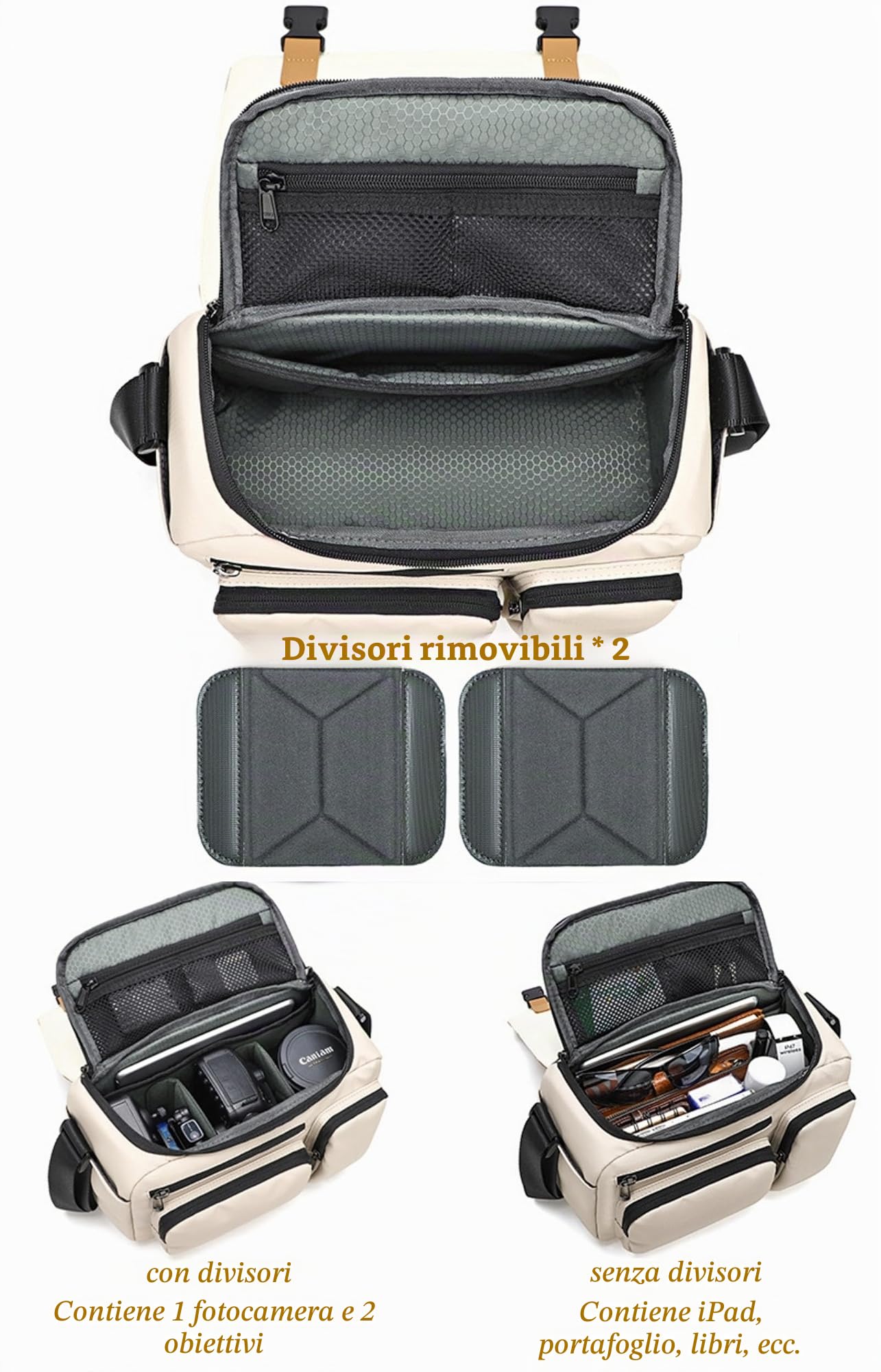 Borsa a Tracolla Fotografica in Tessuto Oxford spalmato PU Beige con 2 Divisori Rimovibili per Fotocamera DSLR e 2 Obiettivi BG506 (Arancione-Beige)