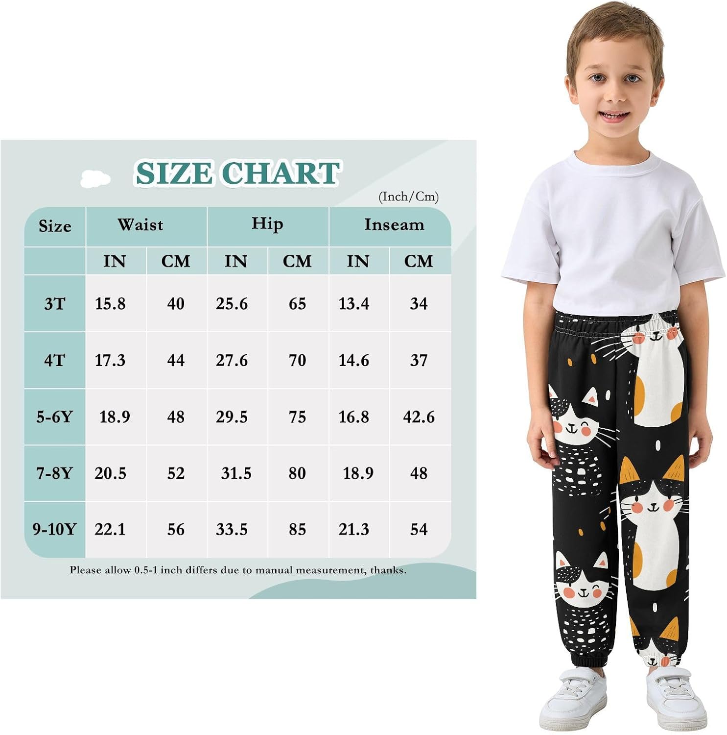Boy Sweatpants Cartoon Cat Joggers Casual Athletic Pants Kids Elastic Waist Cuffed with Pockets