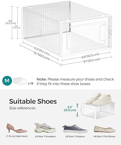 Vista 6 de SONGMICS Cajas de zapatos, paquete de 18 organizadores de almacenamiento de zapatos, cajas apilables de plástico transparente para armario, tenis