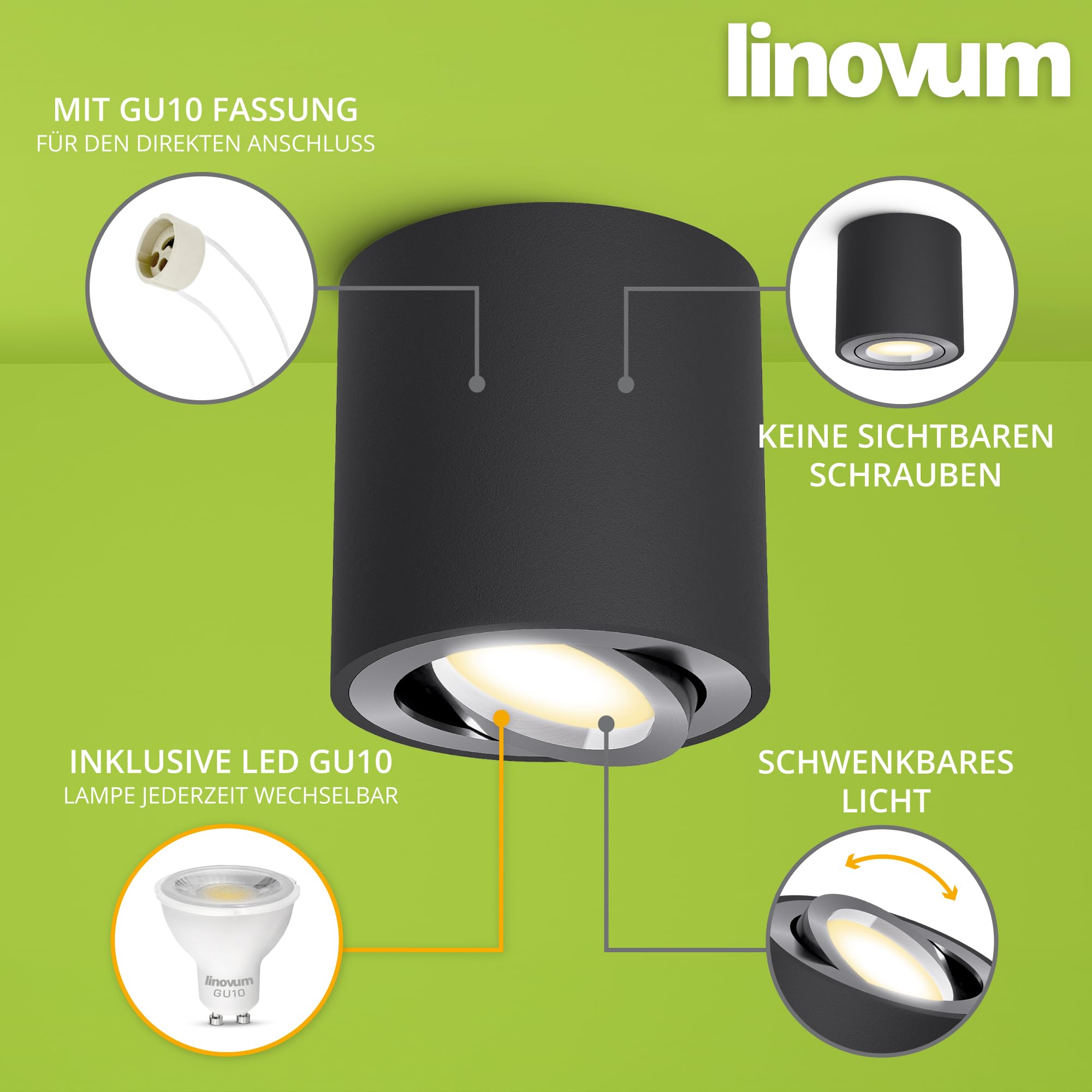 linovum CORI Aufbauspot schwarz gebürstet dimmbar - mit LED in drei Lichfarben GU10 230V 6W - Aufbau Strahler schwenkbar rund Ø80x84mm