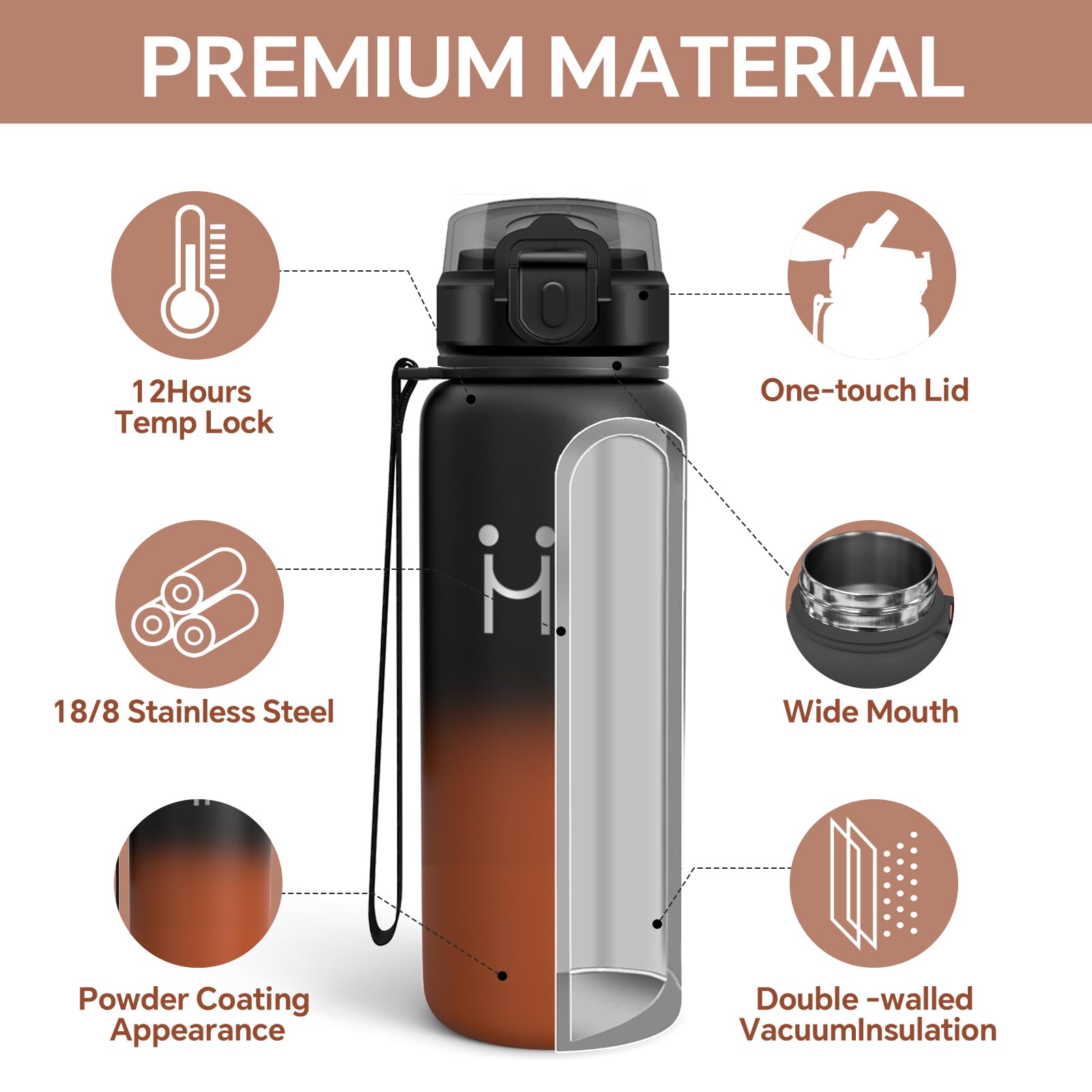Gourde Isotherme - Gourde Isotherme 750 ml - Thermos Avec Paille - Double Isolation - Gourdes Inox - Facile à Nettoyer - Bouteille Thermos, Bouteille d'eau pour École, Randonnée, Sport, Camping - 3