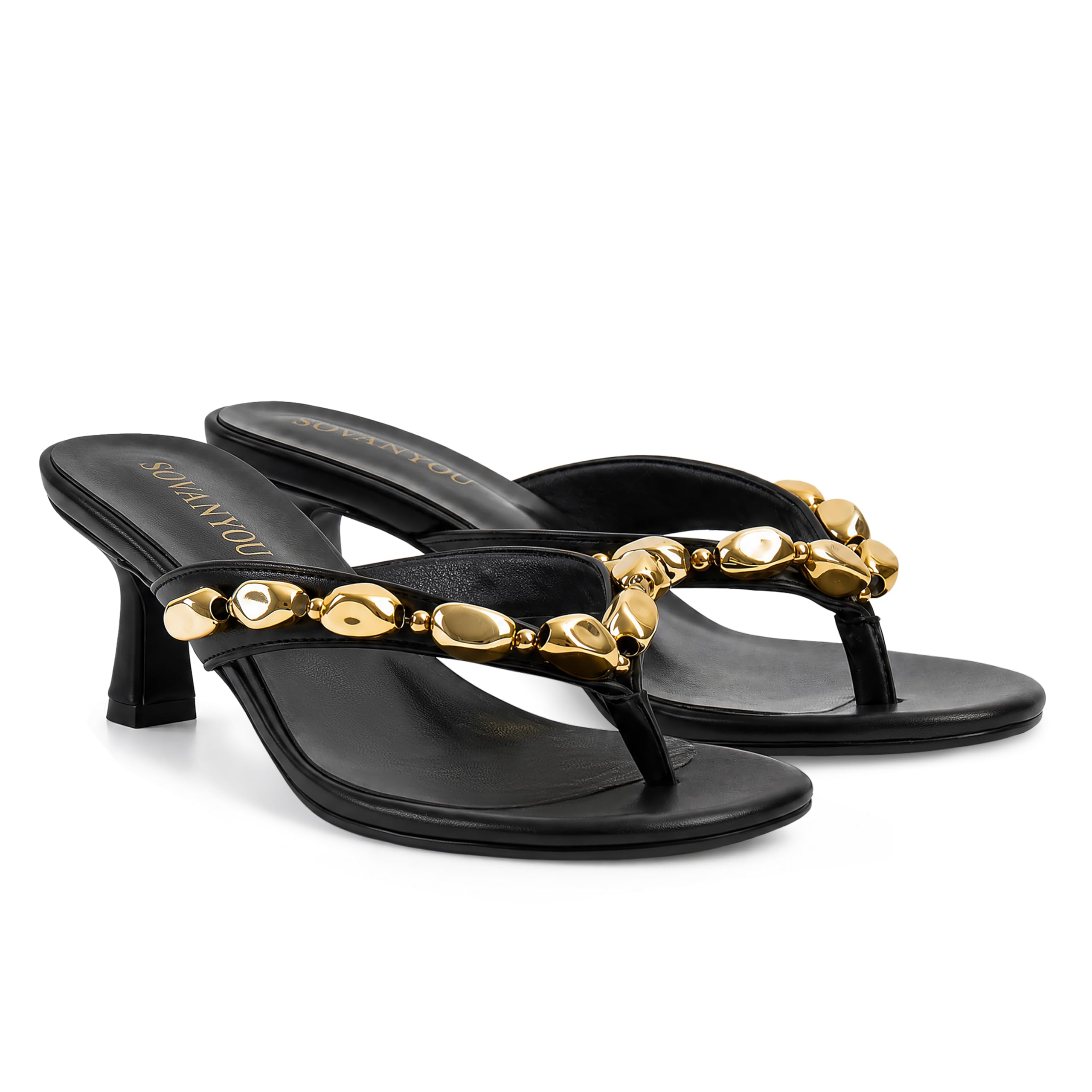 SOVANYOU Jeweled Sandals Tan Flip Flop Kitten Heels for Women Open Toe...