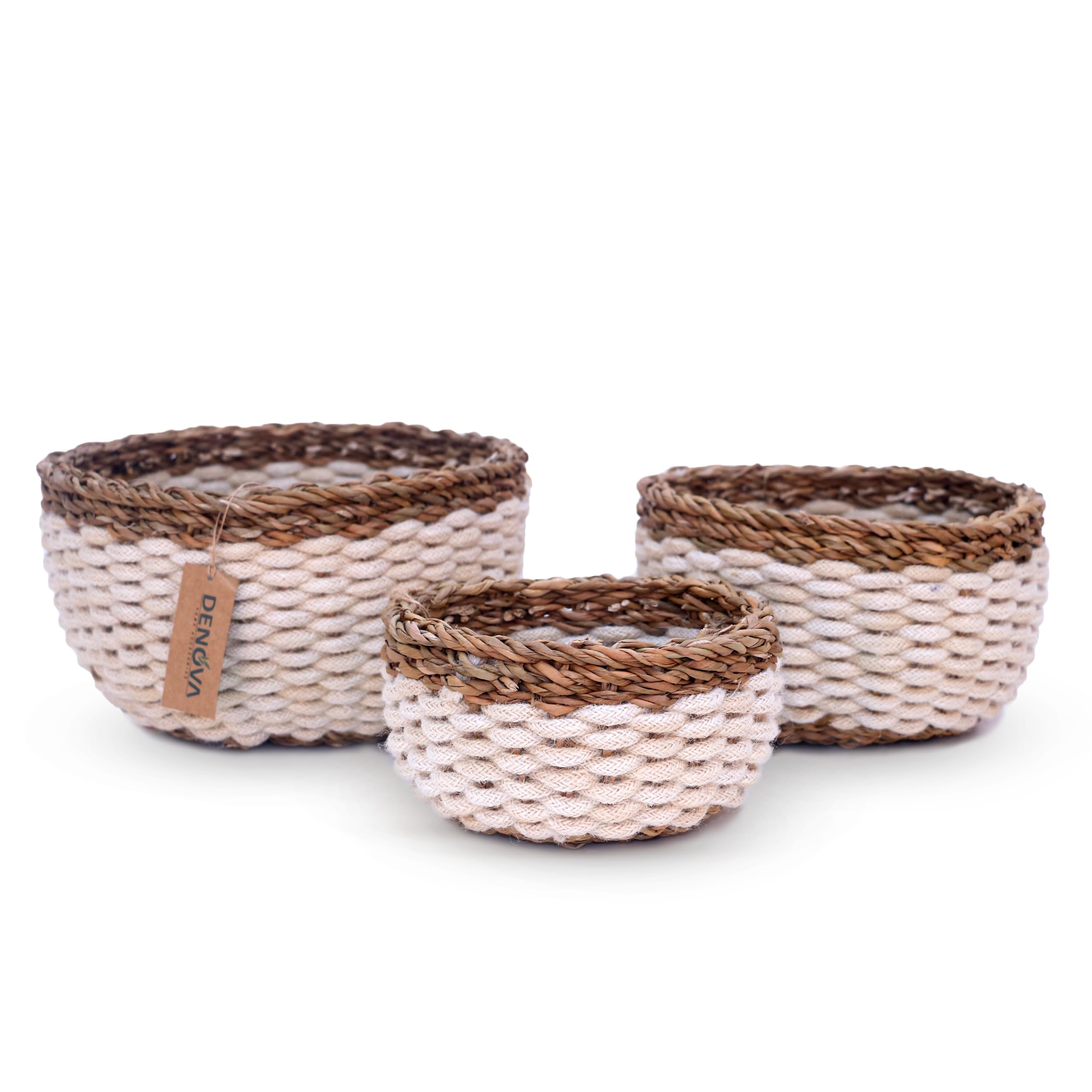 DENOVA Basket Cotton and Seagrass, Round, Storage & multipurpose basket, Home and Kitchen White and Natural, Set of 3