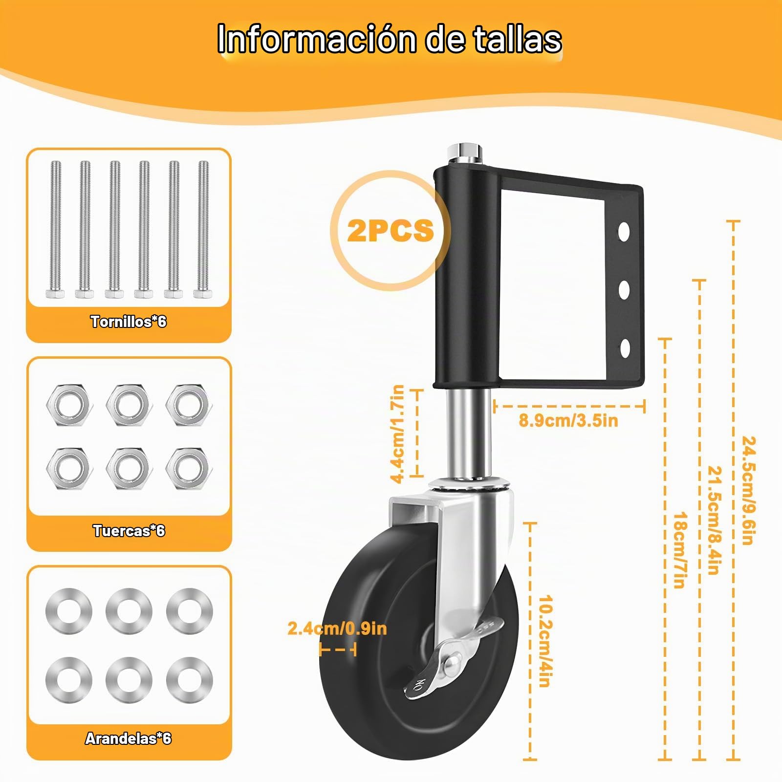 2 Piezas Rueda Puerta 10.2 cm con Freno & Resorte, Ruedas Giratoria Goma Pesadas 360° Capacidad de Carga 100 kg, Rueda Puertas Alta Absorción Impactos Muelle Negro para Portón Madera y Valla Jardín