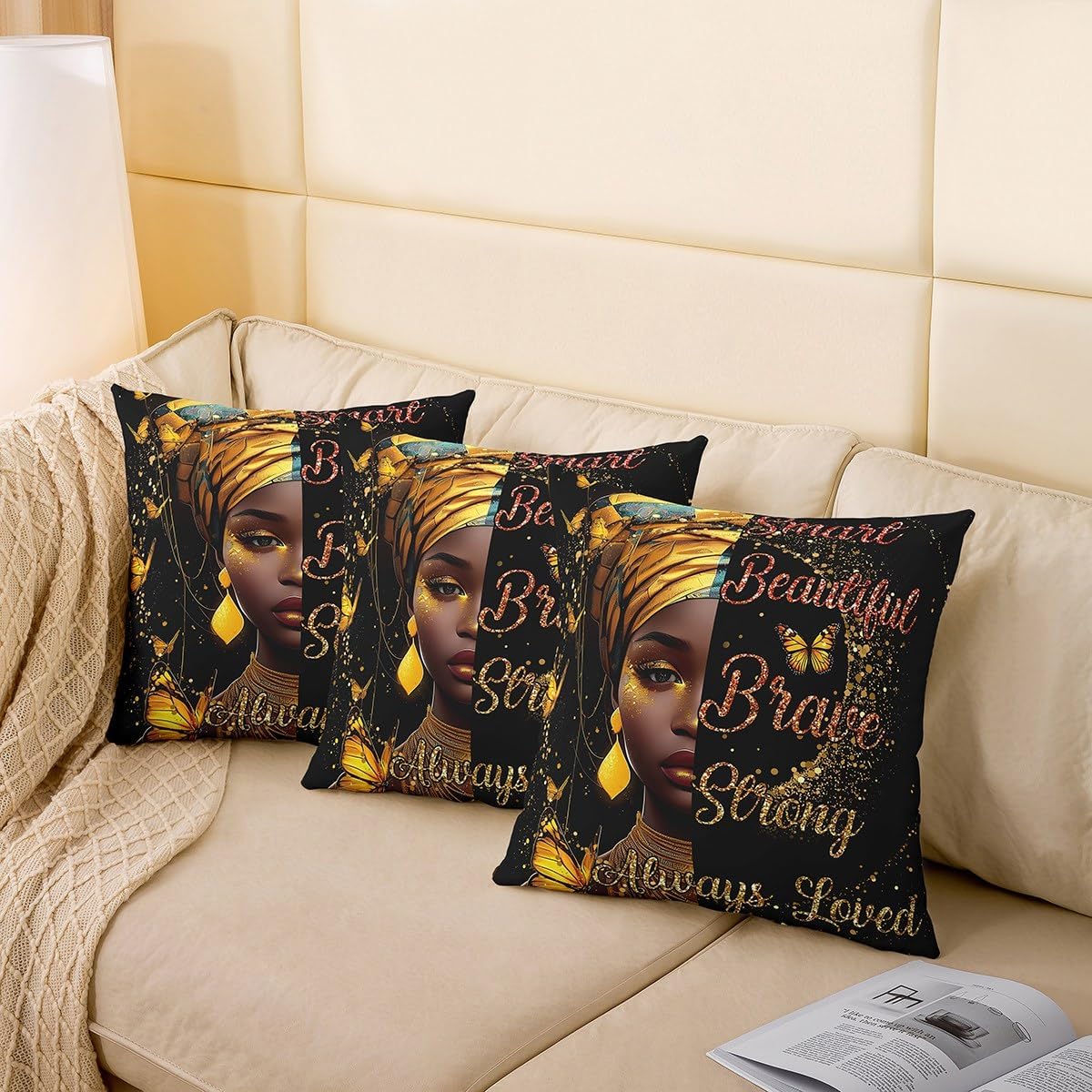 Ethnic Girl African Throw Pillow Covers Set of 2 Inspirational Positive Quotes Cushion Covers for Couch Sofa Motivational Black Decorative Pillowcases Gold Butterfly Pillows Covers,24"x24"