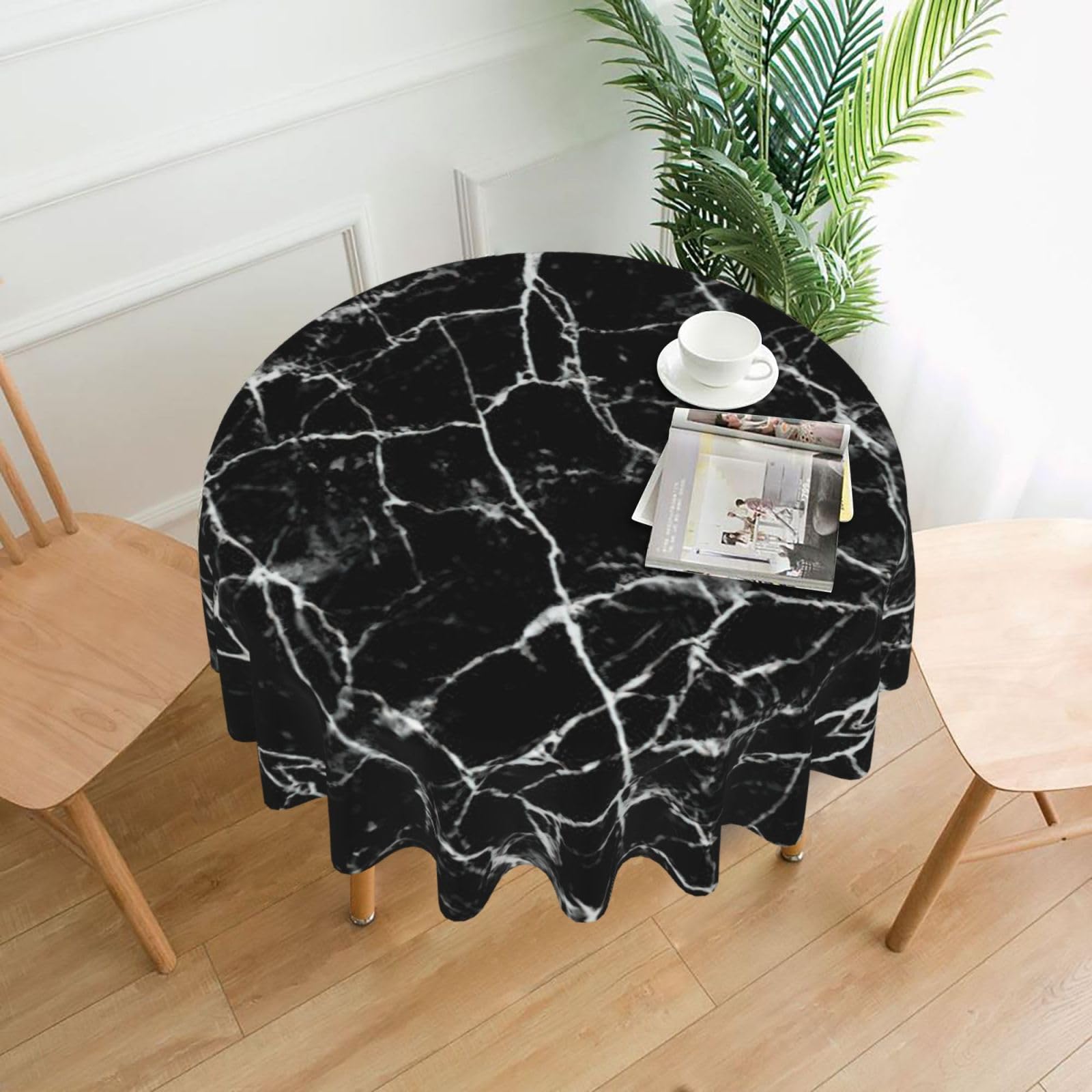 VCzsdff Black Marble Print Stain Resistant Round Tablecloth 60in Family Friendly Polyester Cloth for Kids Meals