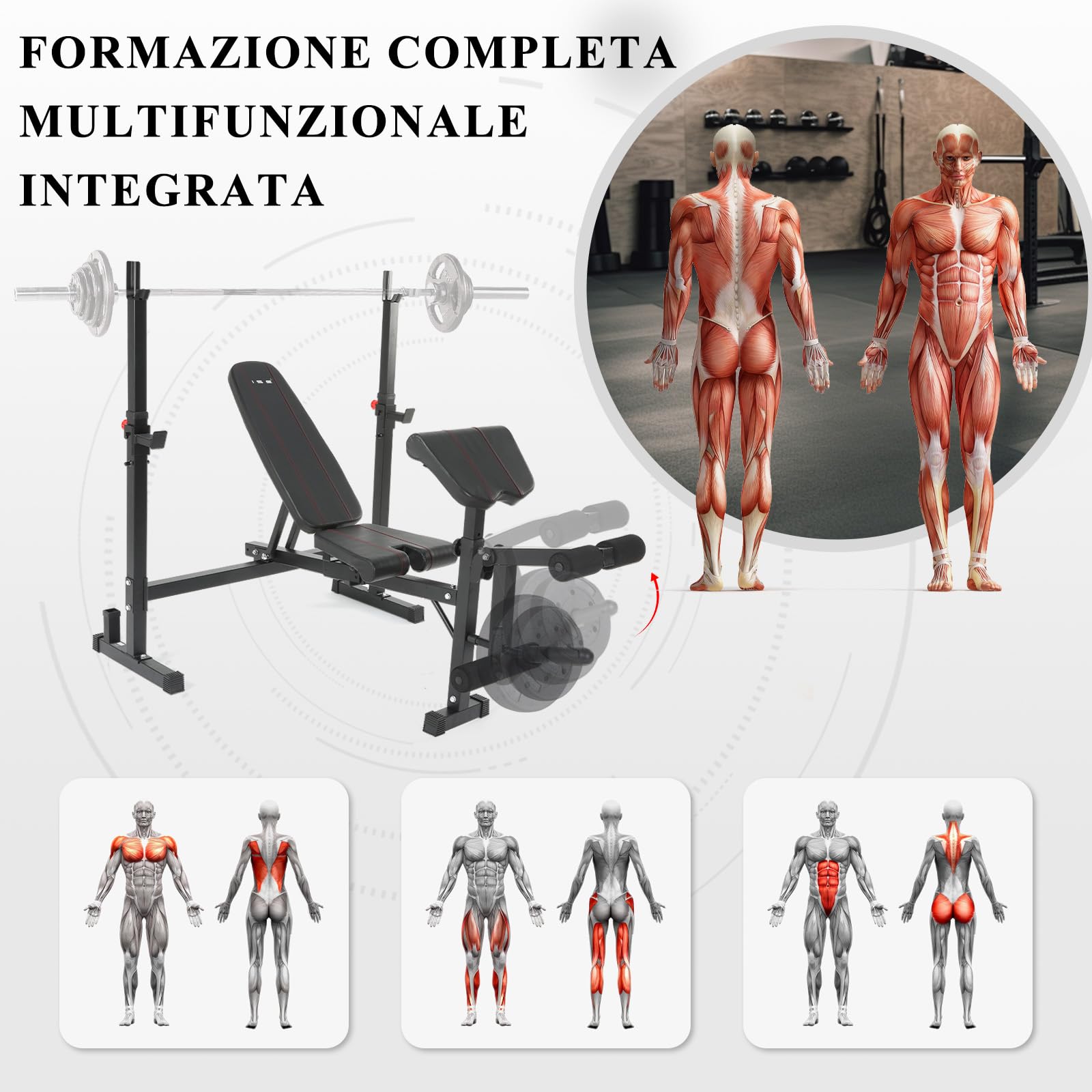 ISE Panca Multifunzione Palestra Casa, Panca Pesi Regolabile con Supporto Bilanciere Schienale Reclinabile Fitness per Allenamento a Casa