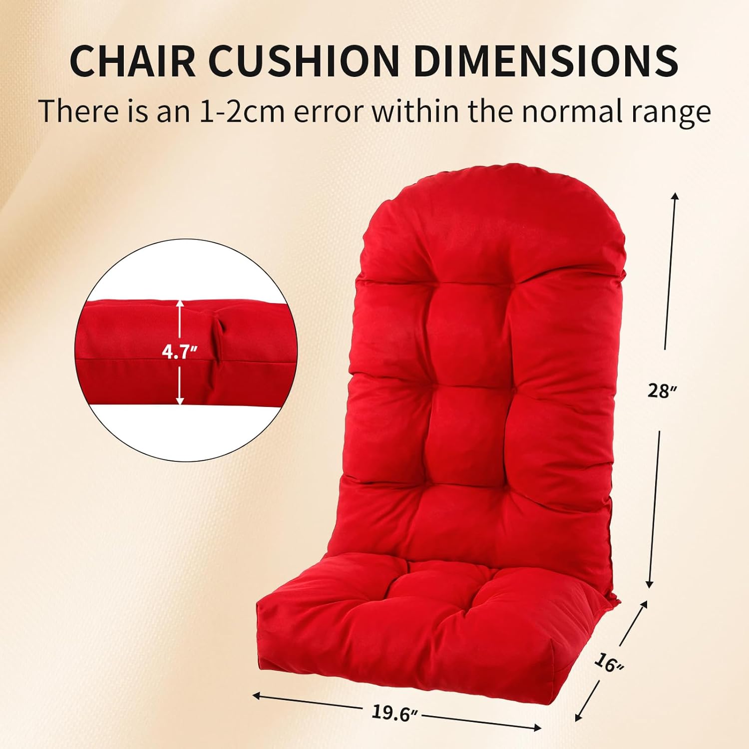 Outdoor Adirondack Chair Cushions Set of 2, Non-Slip Waterproof High Back Tufted Patio Seat Pads for Porch Rocking Chair 44"x19.6"x4.7", Red Set of 2 Red