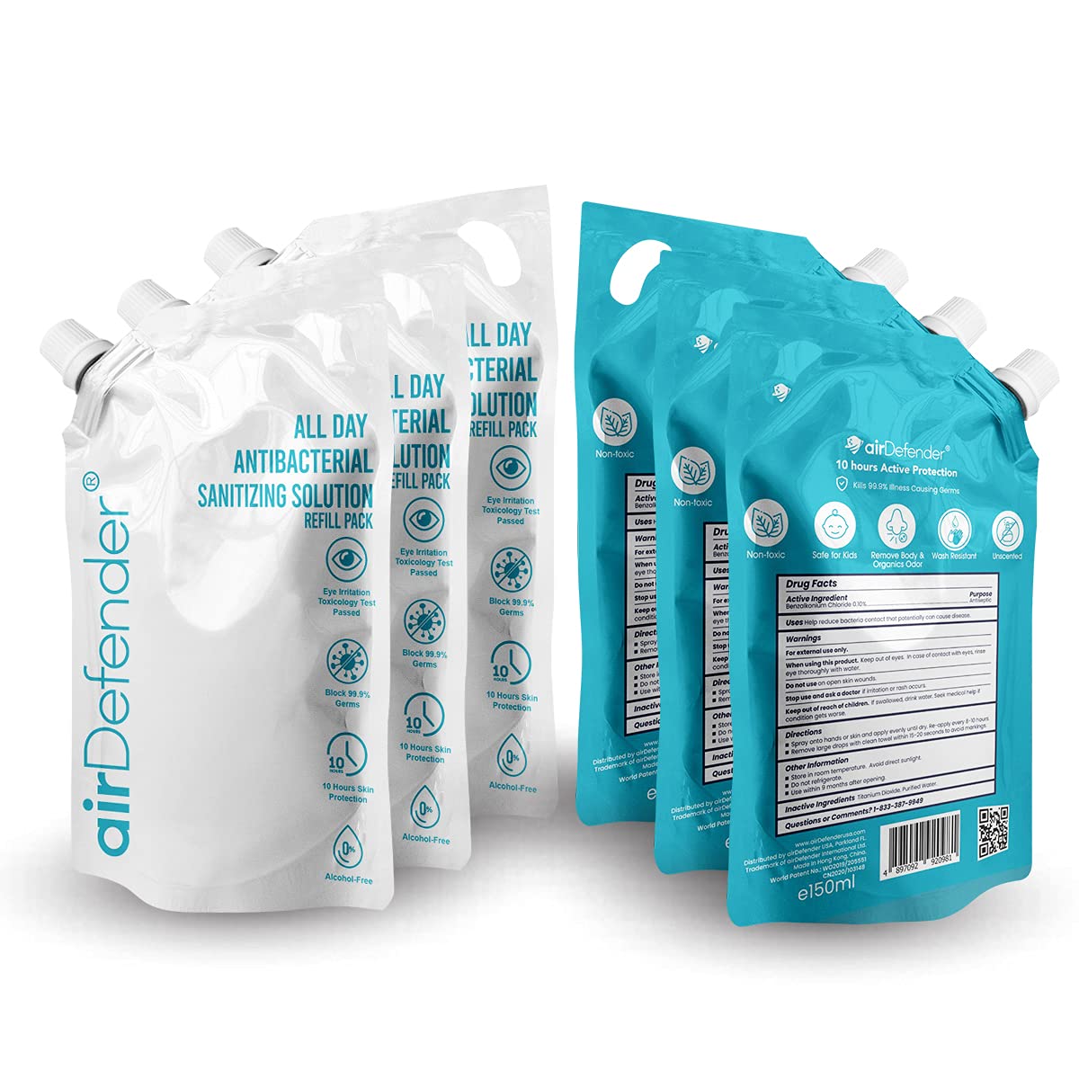 airDefender Sanitizing Solution Refills for Home and Business (6 Pack)- 24 hrs Natural Long-lasting Protection and Deodorizer - Gentle on Face, Hands, Hair and Body Spray