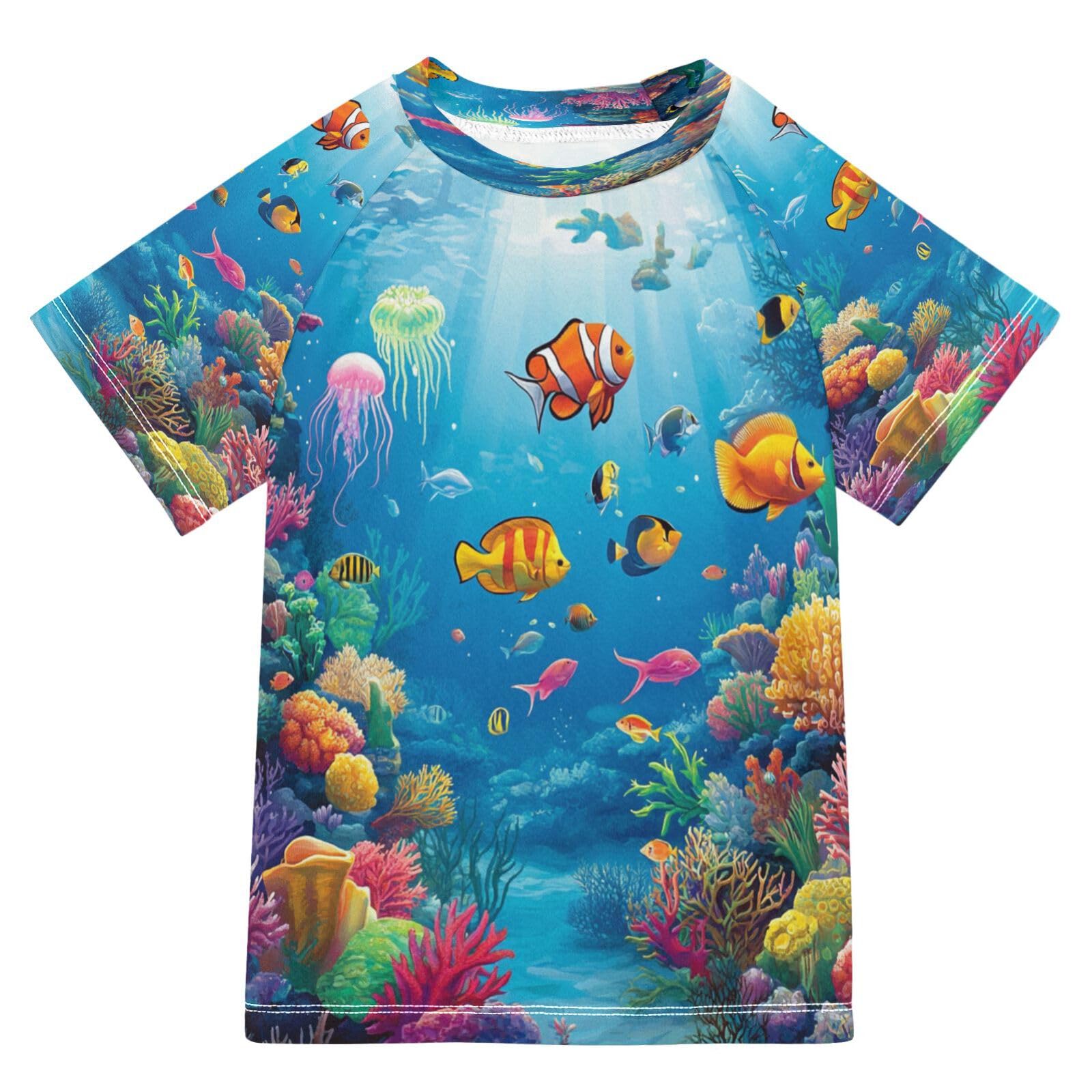 Boys Sun Shirts UV Protection Short Sleeve Rash Guard Swim Shirt Ocean Theme Water Shirt Rashguard 11-12T,010