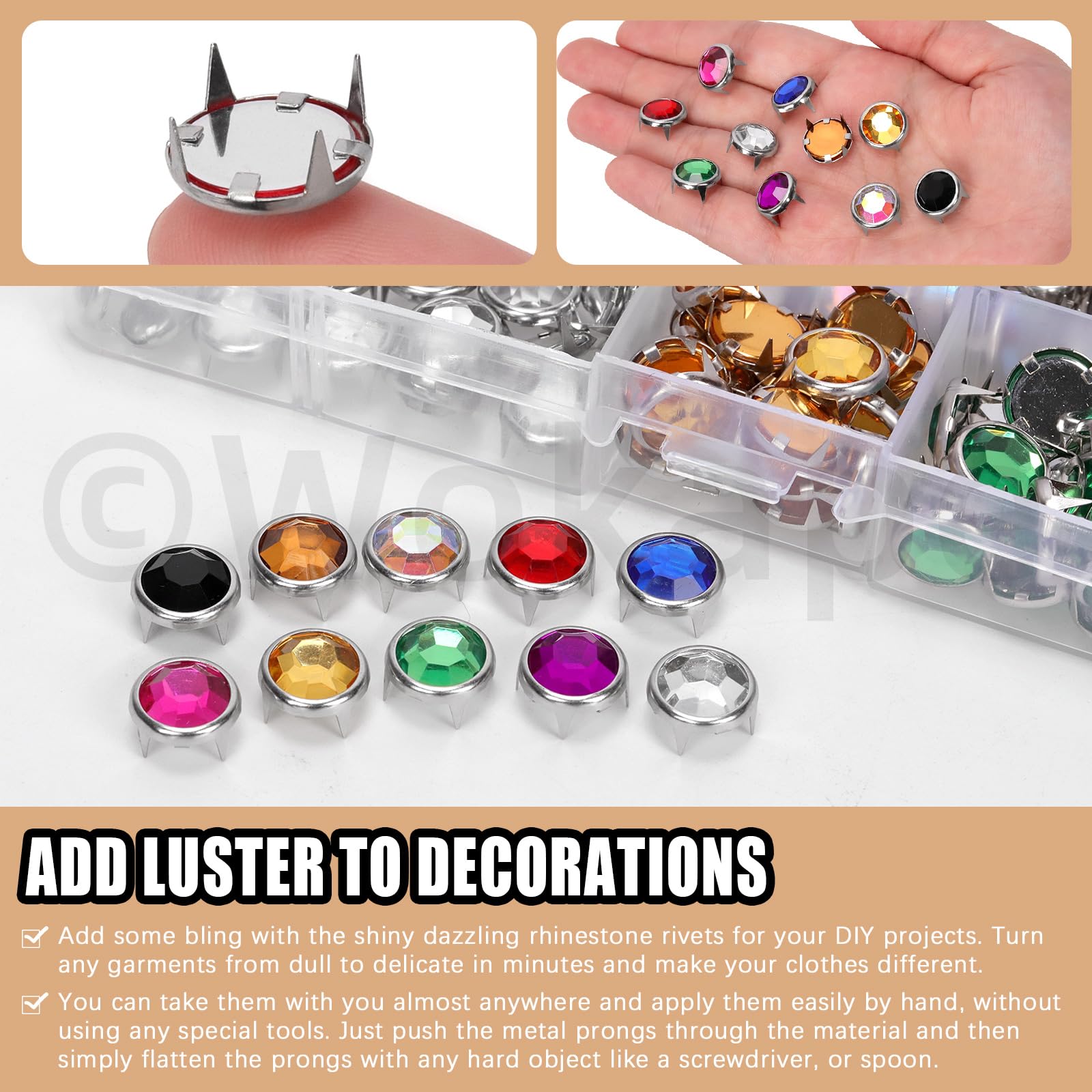 Set di 200 pezzi da 12 mm (0,47 pollici), 10 colori abbaglianti perline di cristallo artiglio 4 artigli rivetti punk, in rame, rivetti decorativi per fai da te in pelle artigianato vestiti