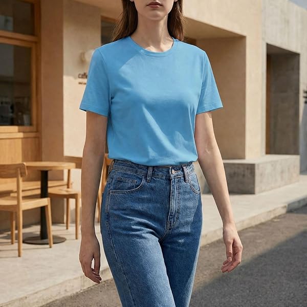 Lot de 2 t-shirts à col rond pour femme - Couleur unie - Doux - Décontracté - Respirant - Uni - Manches courtes - 3