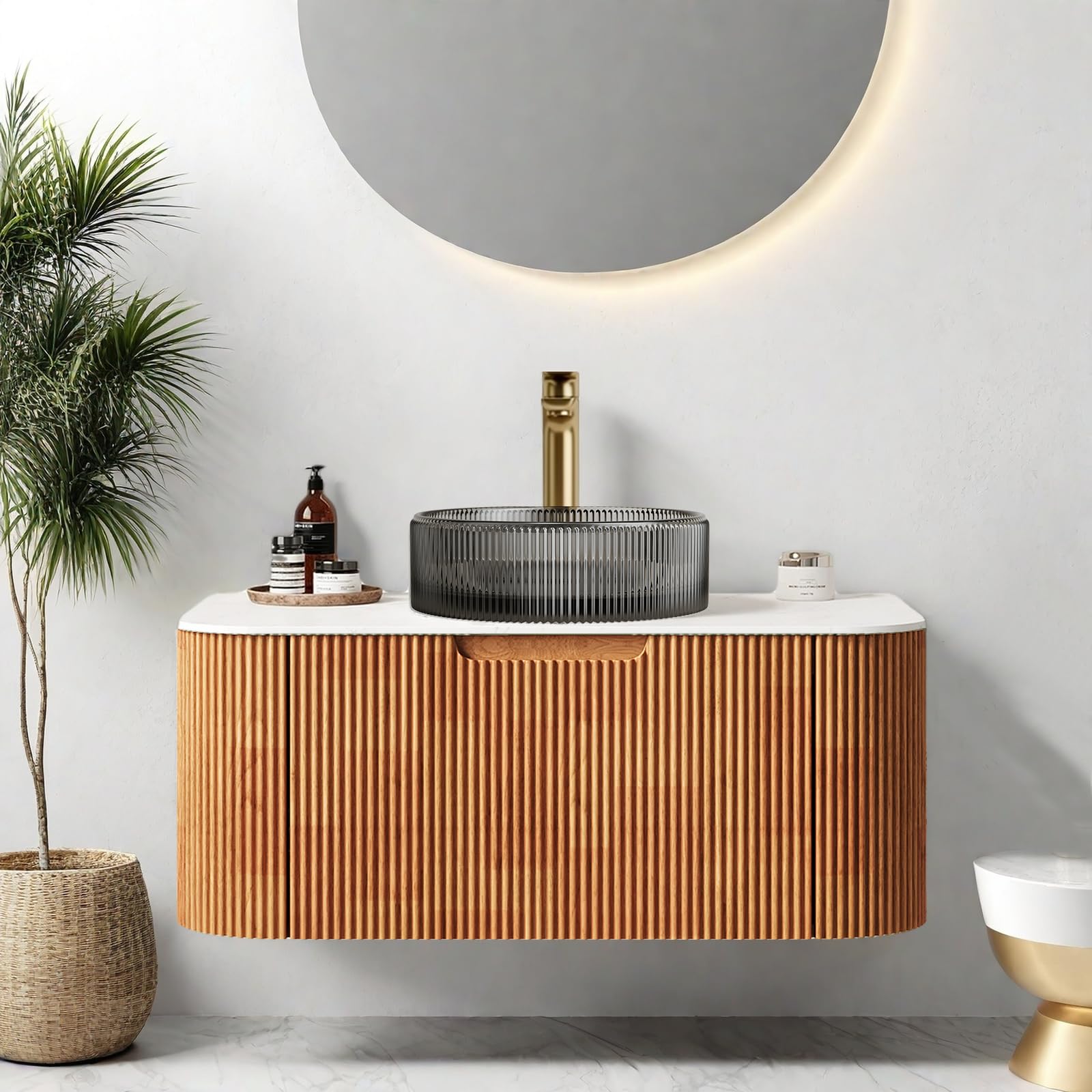 Floating 36" Bathroom Vanity with Sink, Bathroom Cabinet with Round Transparent Black Glass Basin and Marble Countertop, Large Storage Drawer, Soft-Close Design, Pre-Assembled, Nature Wood