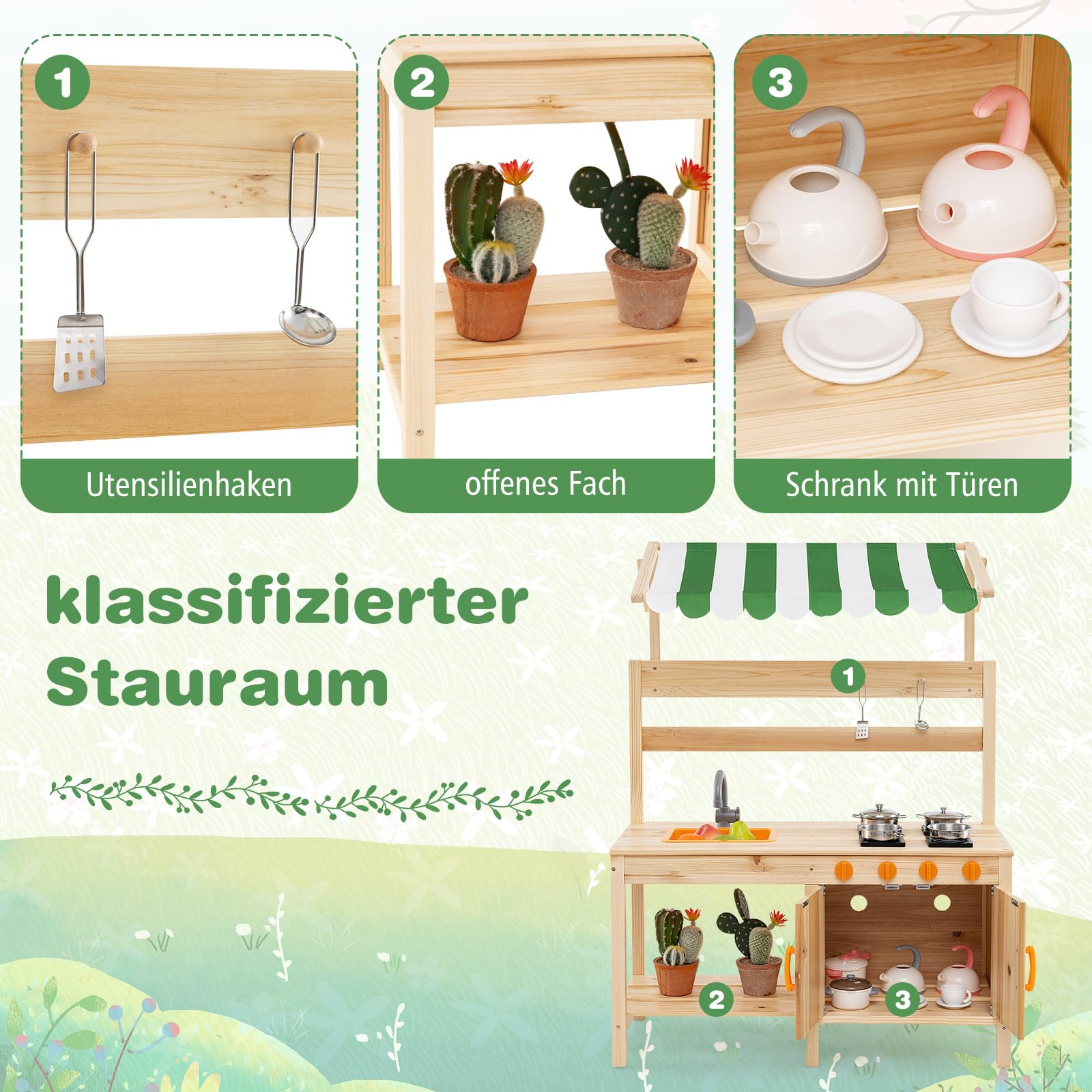 DREAMADE Matschküche Kinder Outdoor, Outdoorküche mit 4 Herd & Waschbecken & Tafel, Gartenküche, Outdoor Küche Kinderküche aus Tannenholz mit Zubehör für Kinder ab 3 Jahren