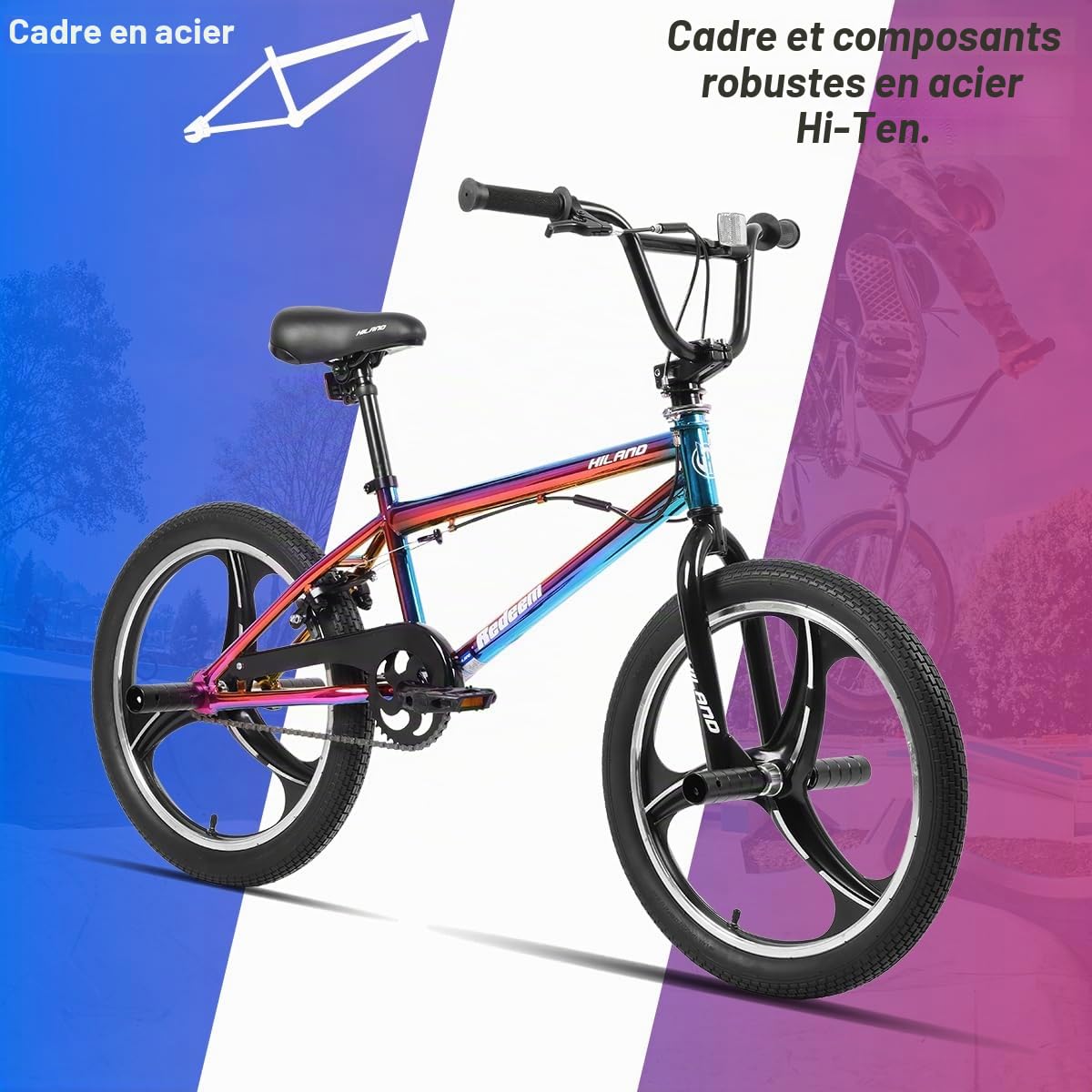 Hiland Vélo BMX 20 Pouces à 3/5 Rayons pour garçons et Filles à partir de 7Ans, Rotor Freestyle à 360 degrés, 4 pegs Single Speed Vélo BMX pour Enfant,Couleur/Argent/Rouge/Bleu