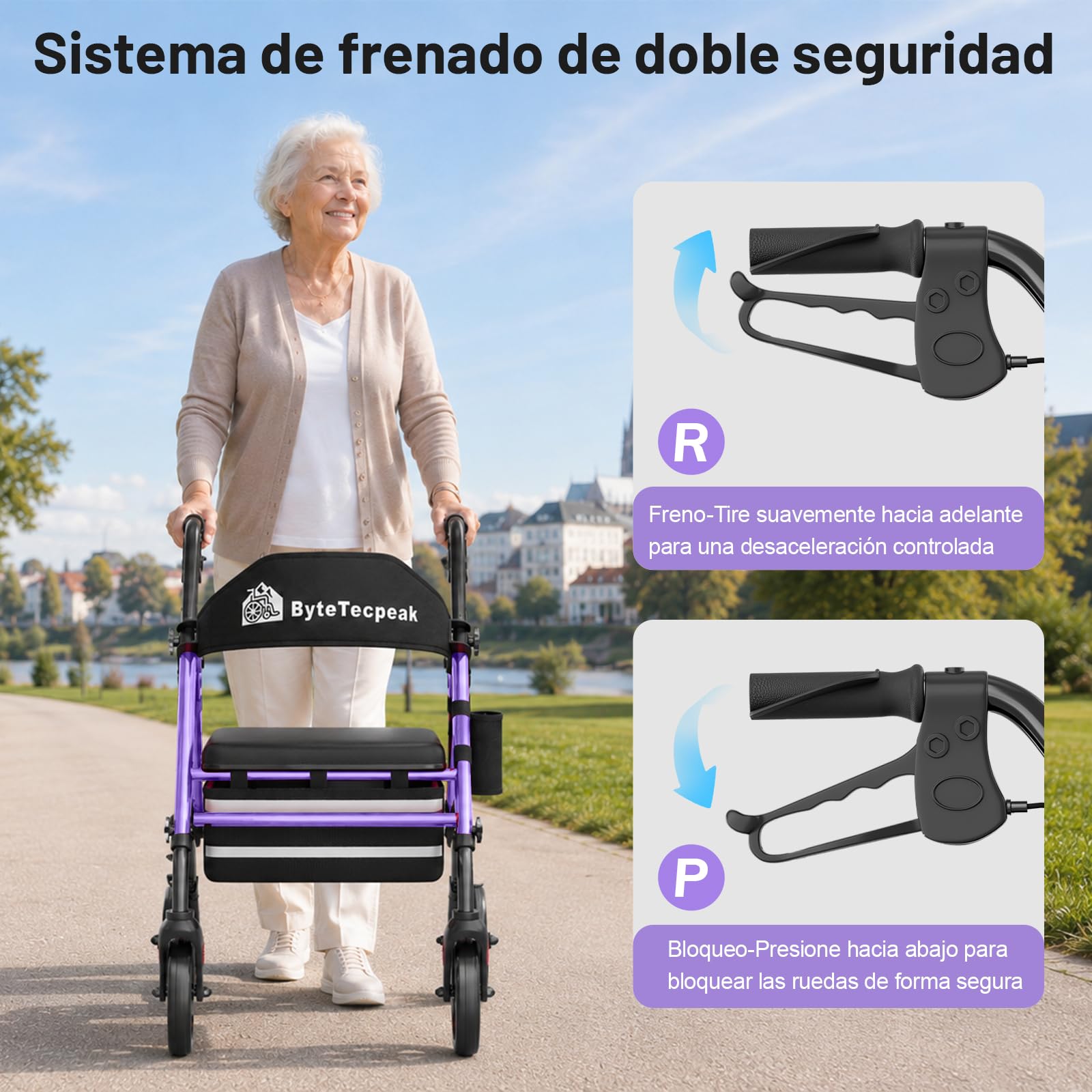 R4 Andador plegable para ancianos, andadores adultos, altura ajustable en 5 niveles en asiento y manillar, caminadores de 4 ruedas con freno, bolsa de almacenamiento, carga máxima 100KG (Morado)