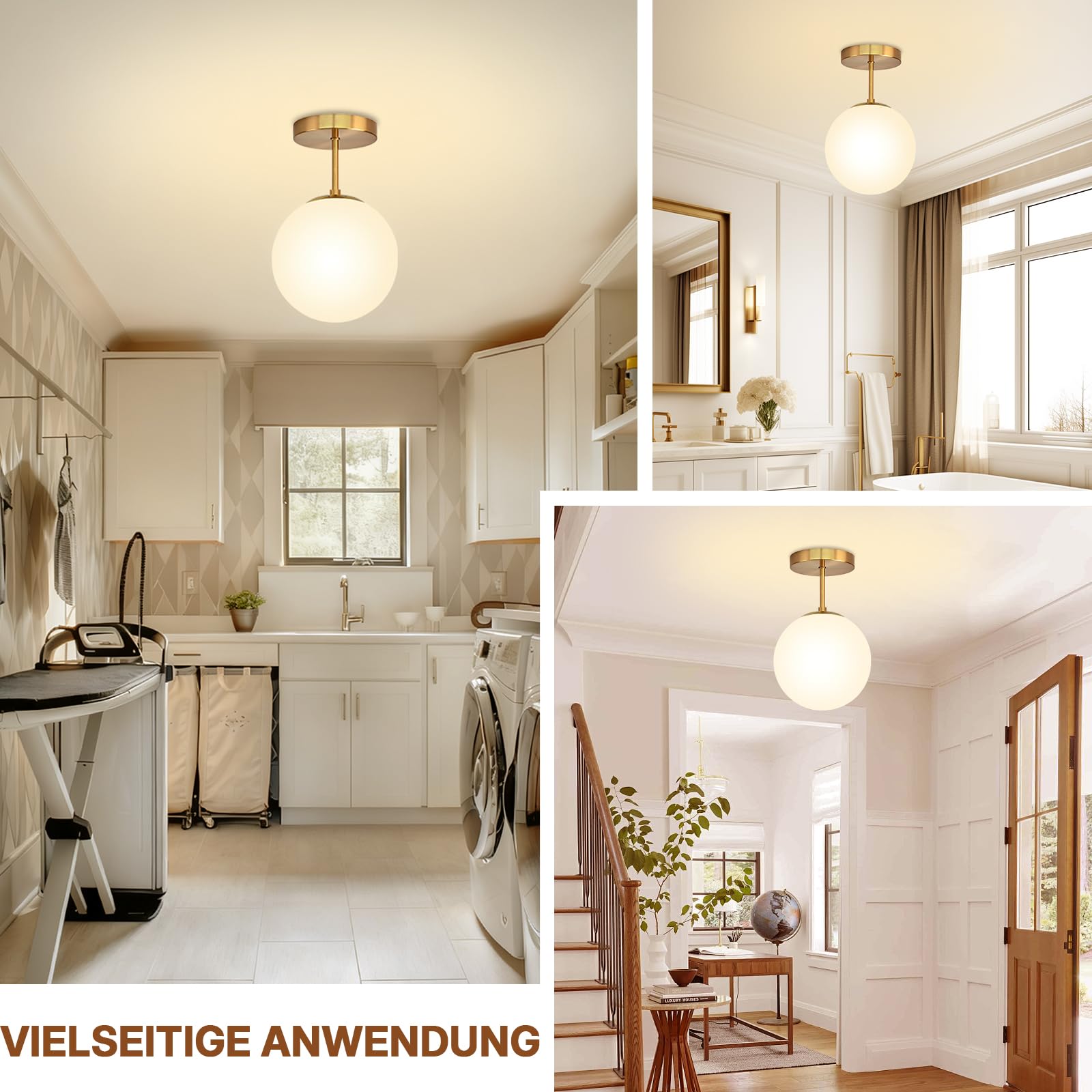Deckenlampe Gold Vintage, E27 Retro Deckenleuchte Hängend Kugel Glas Weiß | Lampenschirm IP44 Wasserfest Badlampe Decken Hängelampe für Wohnzimmer Schlafzimmer Küche Flur, Ø20cm (Inkl. Glühbirne)