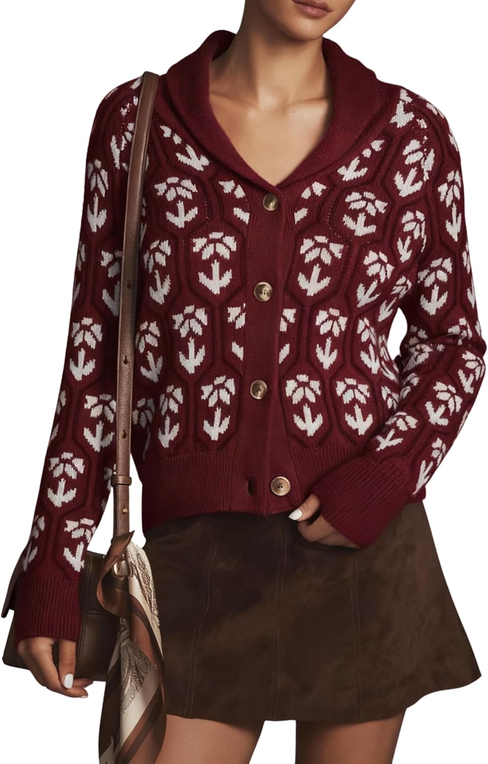 Women Floral Cropped Cardigan Sweaters Shawl Collar Long Sleeve Button Down Knit Jacket Flower Print Knitwear