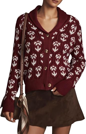 MINSURE Women Floral Cropped Cardigan Sweaters Shawl Collar Long Sleeve Button Down Knit Jacket Flower Print Knitwear