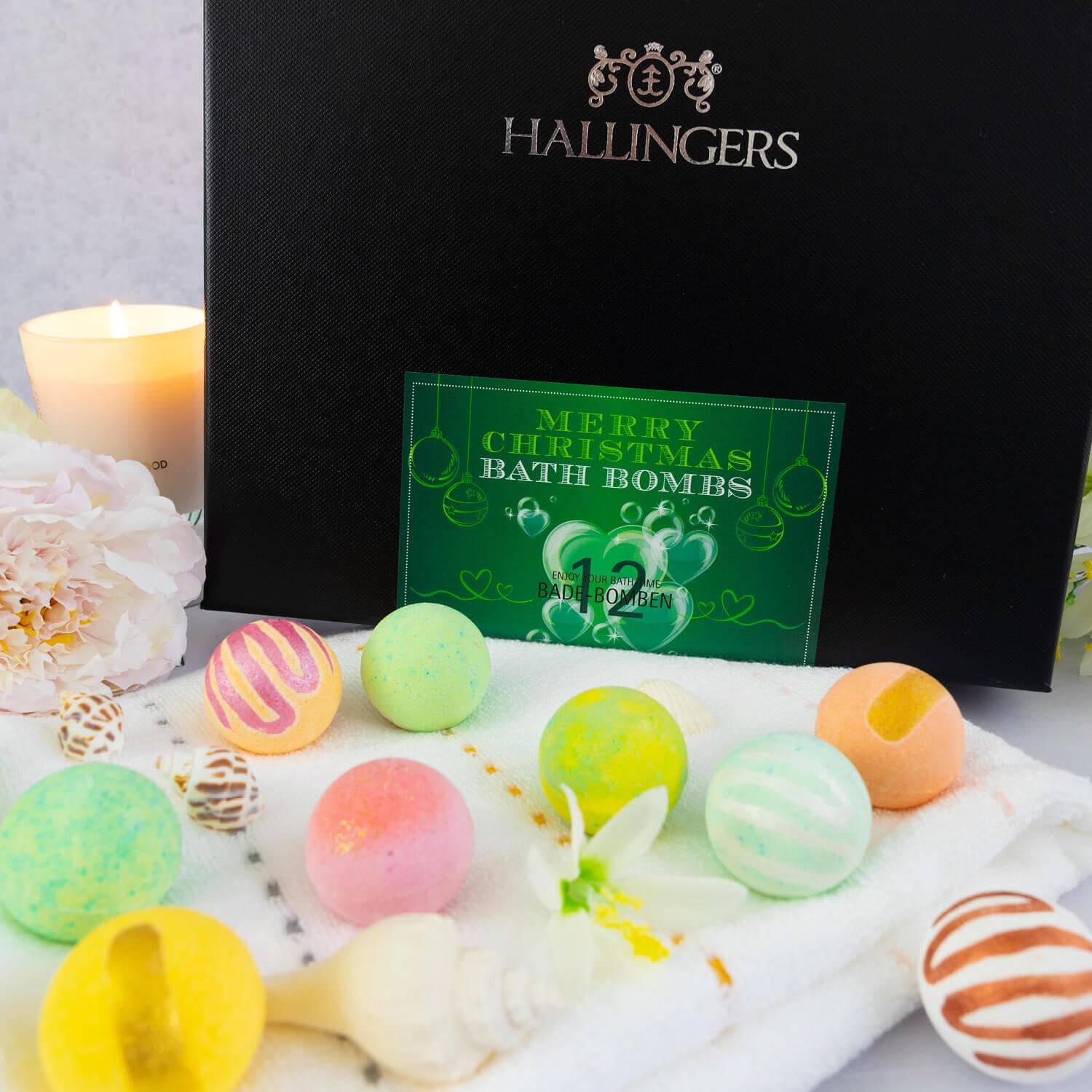 Hallingers Genuss Manufaktur Badebomben Weihnachts-Geschenk-Set - 12x Badekugeln Bath Bombs in edler Geschenkbox, Frauen Badeperlen-Wellness & Spa ""Merry Christmas..."", Weihnachten für Frauen Männer