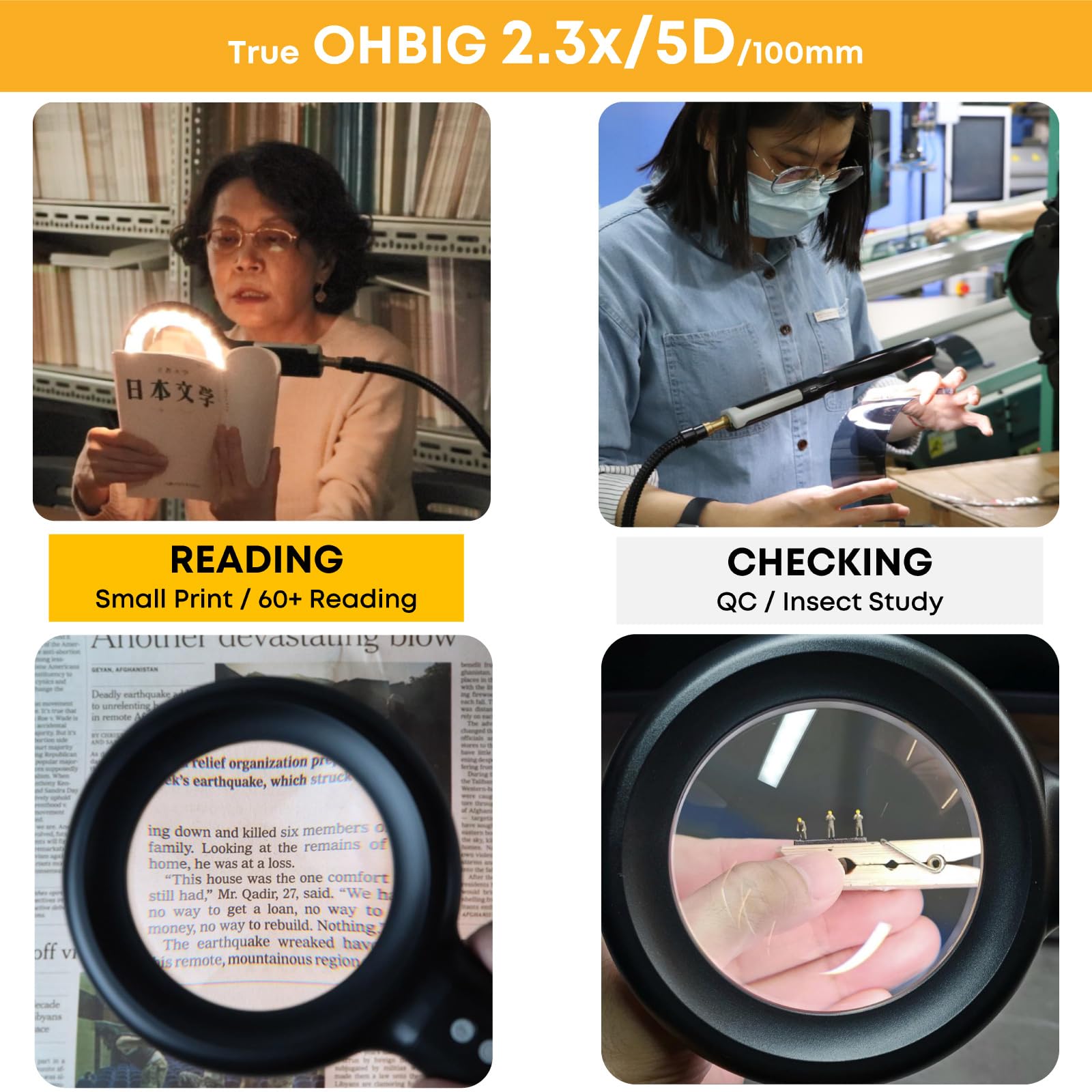 HWATANG OHBIG - Lupa LED de tonificación de atenuación de 2.3x/5D/100 mm, lente óptica de vidrio blanco K9, montaje de modelo, soldadura, inspección de la piel, luz de anillo Ra>90, lupa de lectura