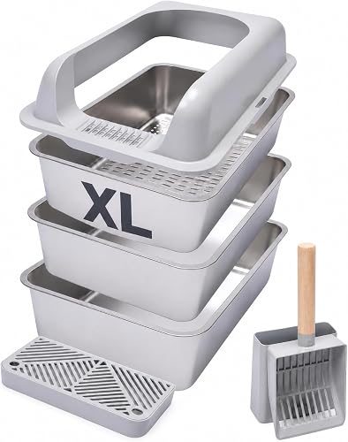 XL Stainless Steel Sifting Litter Box-23''x15''x13'' – Cat Litter Box, Multi-Cat, Large Cats, High Side/Anti-Urine Leakage Shell (Easy Shell) Easy to Clean, Odor Control.