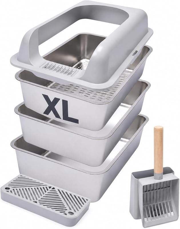 XL Stainless Steel Sifting Cat Litter Box with High Sides and Odor Control | Metal Cat Litter Box With Sifting Tray, Anti-Urine Splash Guard, Non-Slip Feet, Entry Step And Scoop Holder For Clean Homes