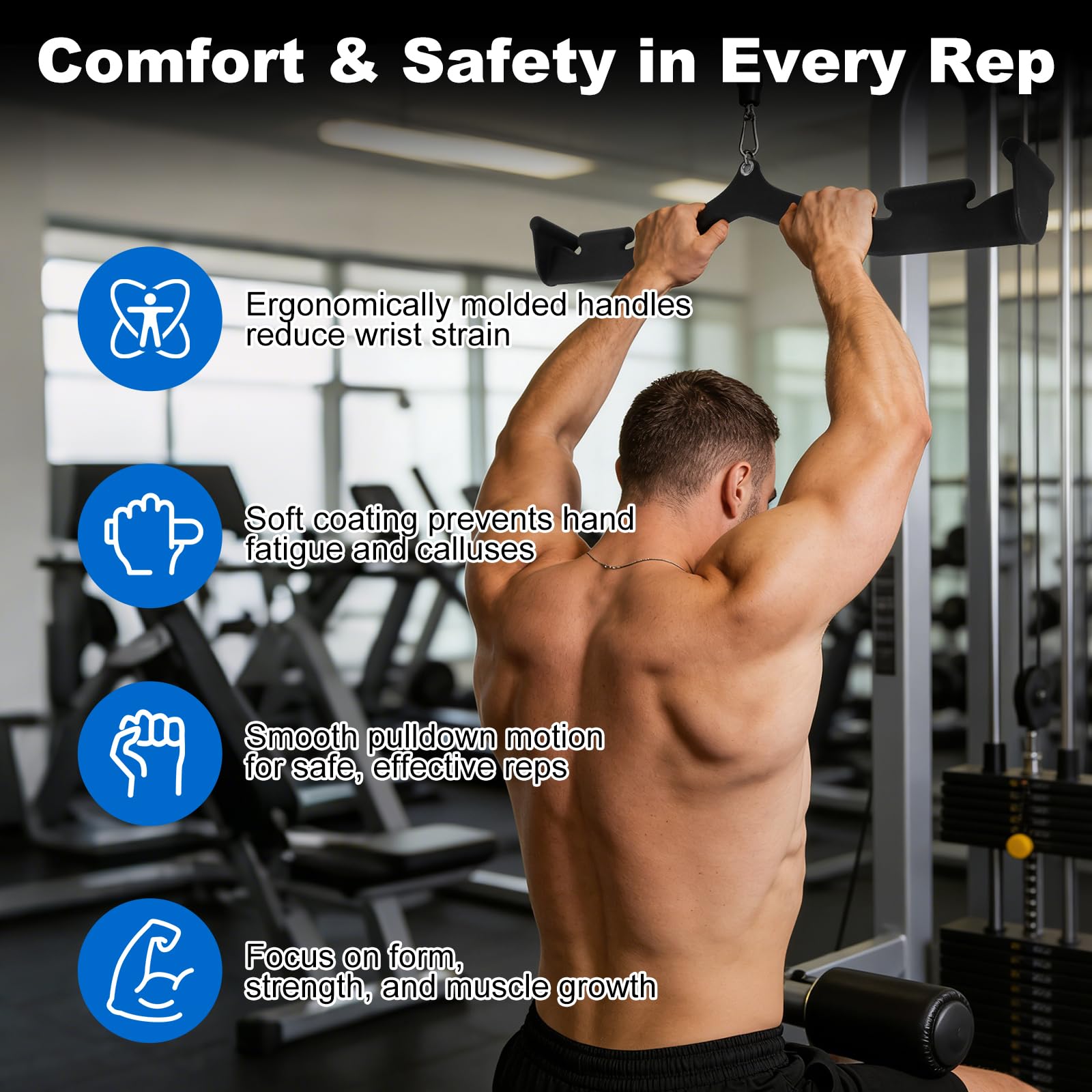 Barre de Tirage Lat Pulldown, Poignée Large en V à 4 Axes pour Poulie, Poignées Ergonomiques Antidérapantes, Accessoire Musculation Dos pour Grand Dorsal, Trapèzes & Grand Rond, 3,44 kg
