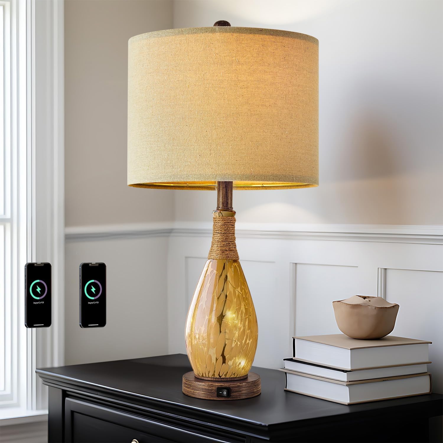 Lámpara de mesa USB A+C de 23 pulgadas para dormitorio, sala de estar, lámparas de noche modernas retro de casa de campo de ratán de cristal de mesita de noche (ámbar), dos puntos de luz 4